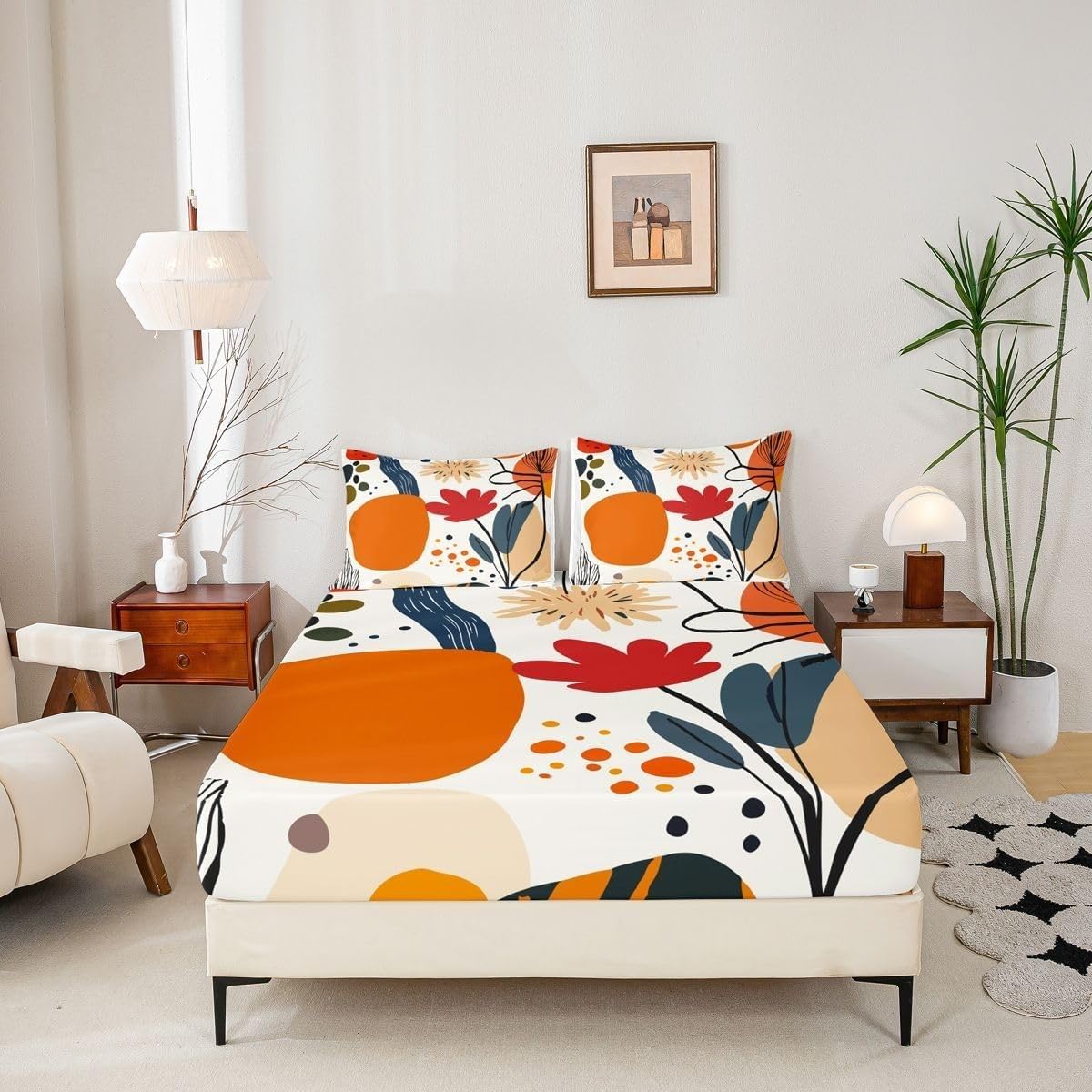 Abstract Flowers Single Fitted Sheet Geometric Bed Sheets Deep Pocket 12 inch (30 cm) Soft Cozy 3 Piece Microfibre Bed Sheet 90x190 cm with 2 Pillowcases 50x75 cm