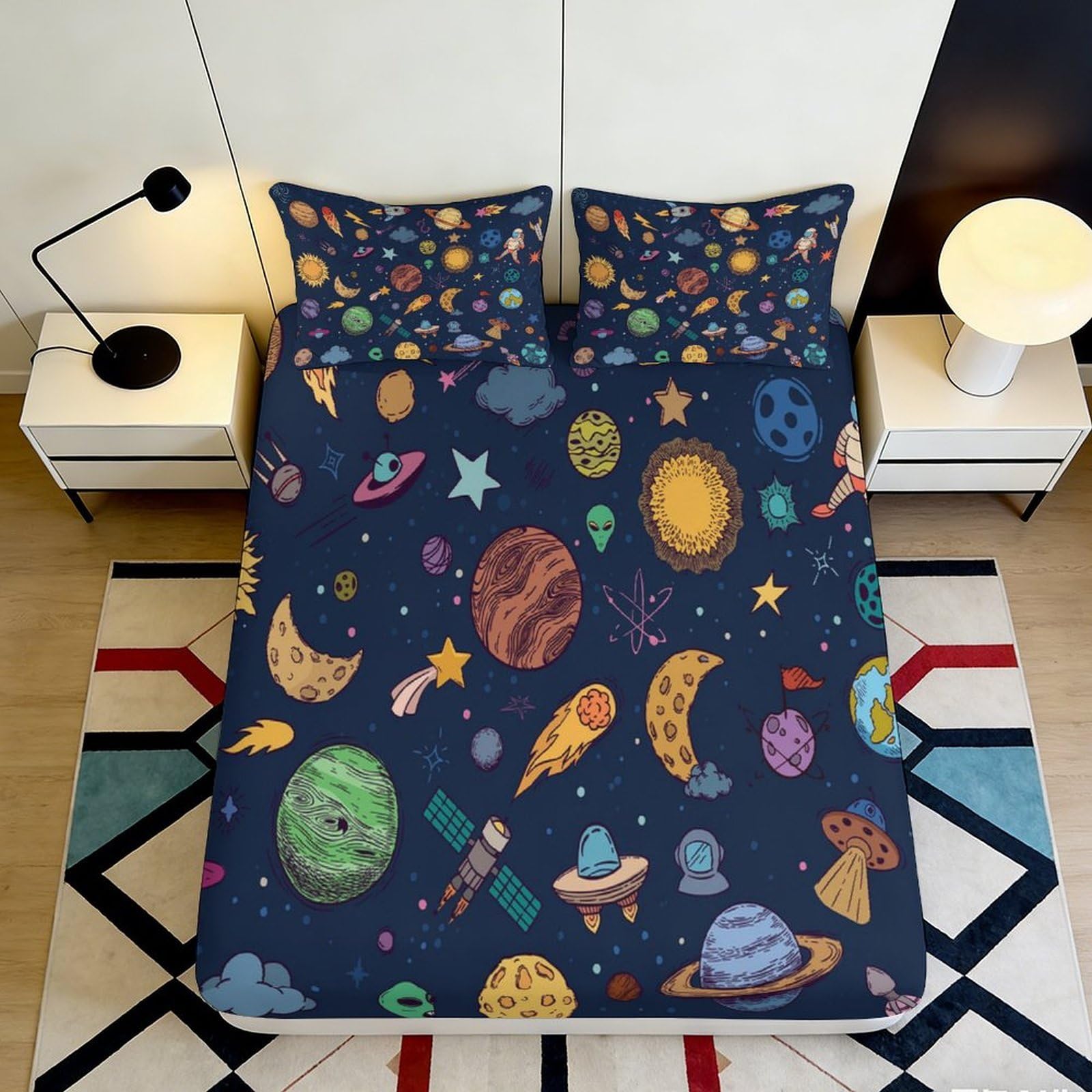 3D Printed Space Planet Fitted Sheet Microfiber Deep Pocket Bedroom Bedding Space Mattress Fitted Cover Elastic Hem Washable 200x200x25cm 90x200x25cm