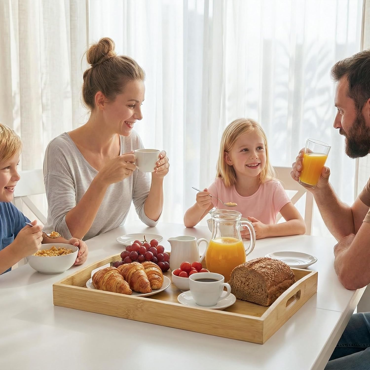 GOLD HONEY Bamboo Serving Tray with Handles Set of 2 - Decorative Wooden Tray for Living Room, Bathroom, Suitable for Used in Bedroom, Kitchen, Coffee Table, Outdoor and Storing - 17x13in, 16x12in