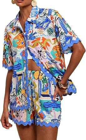 EOSIEDUR Two Piece Outfit For Women Wave Print Open Front Tracksuit Casual Daily Beach Vacation Set