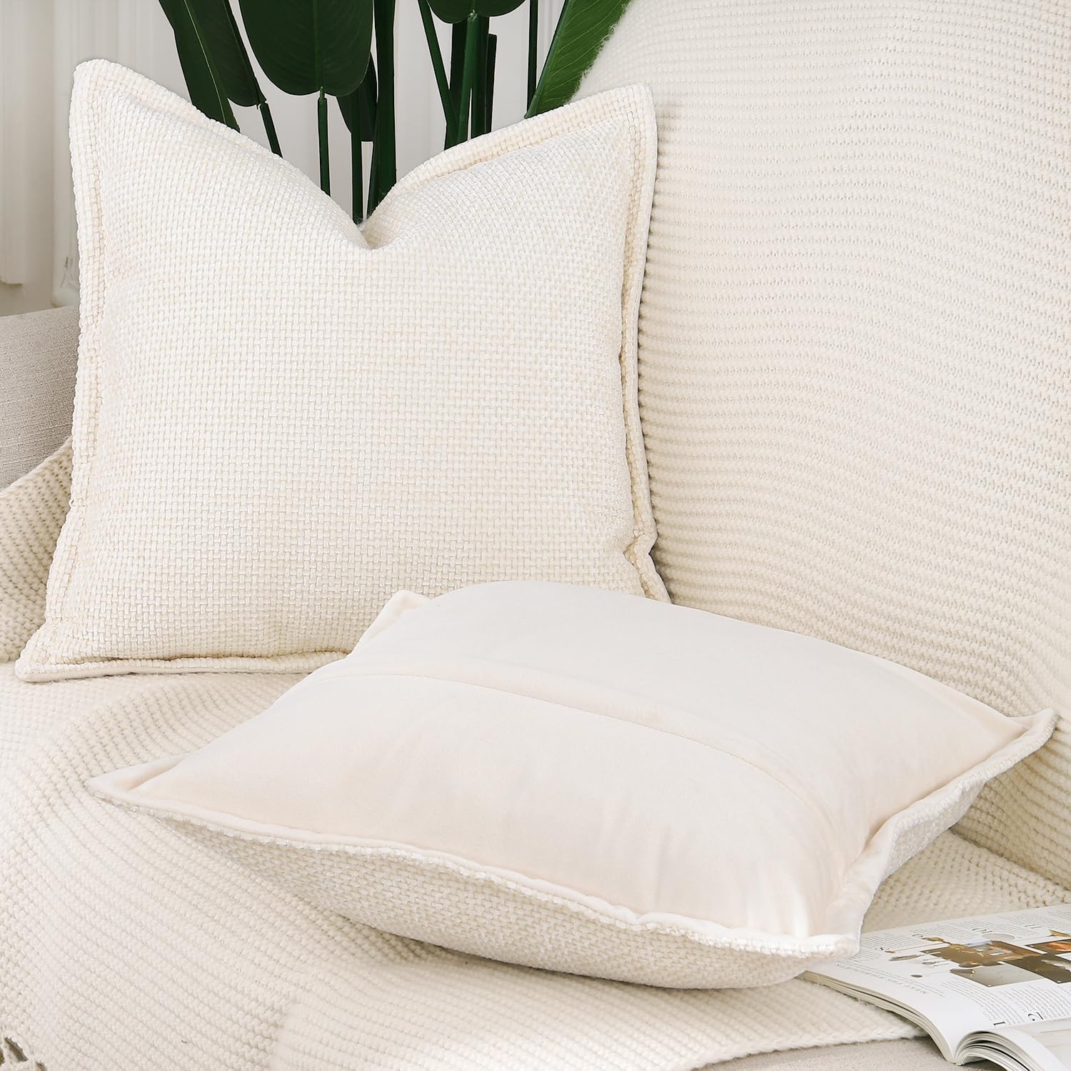 MADIZZ Decorative Chenille Velvet Throw Pillow Covers Set of 2 Soft Boho Textured Neutral Couch Throw Pillow for Bed Modern Farmhouse Home Decor for Sofa Livingroom Cream 24x24 Inch Euro Sham image 2