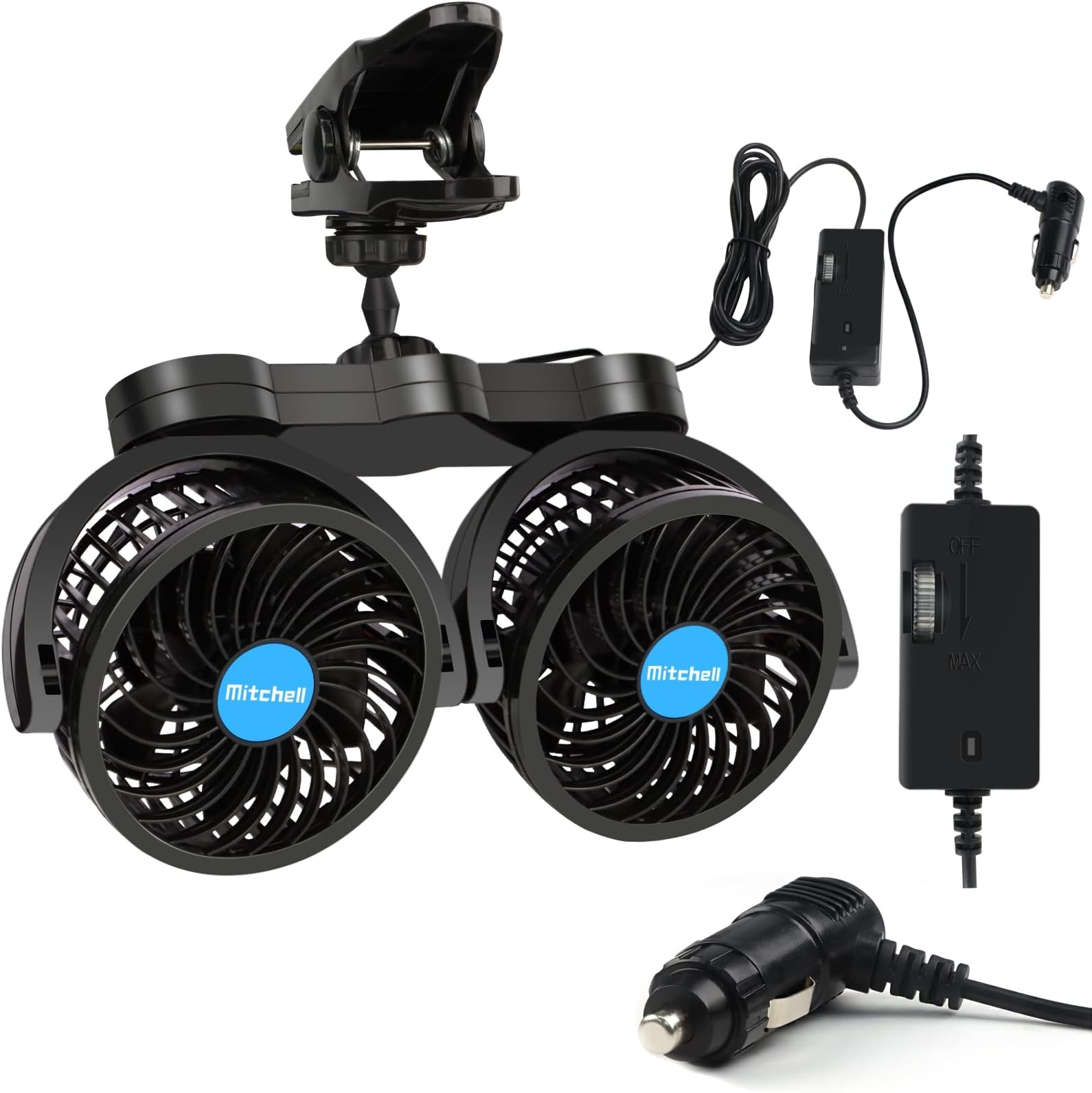 Ouriky Dual Head 4 Inches Car Fan, 12v Adjustable Clip Fan with Stepless Speed Regulation, 360ยฐ Rotatable, Portable Car Cooler for Front/Rear Seat Passenger, SUV, RV