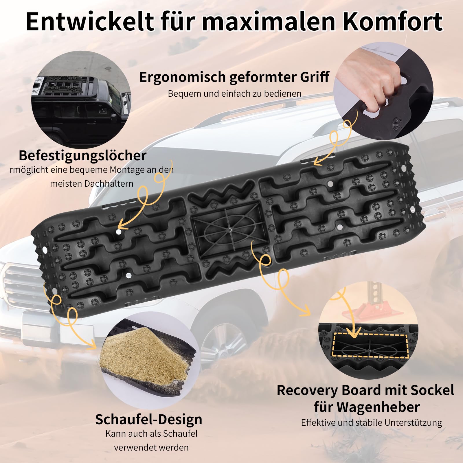 Vinteky 2 Stücke Sandbleche Traktionsmatte Kunstoff Anfahrhilfe Recovery Board Tracks mit Aufbewahrungstasche und Installationstool 10T Last für Geländewagen Wohnmobil PKW LKW Offroad