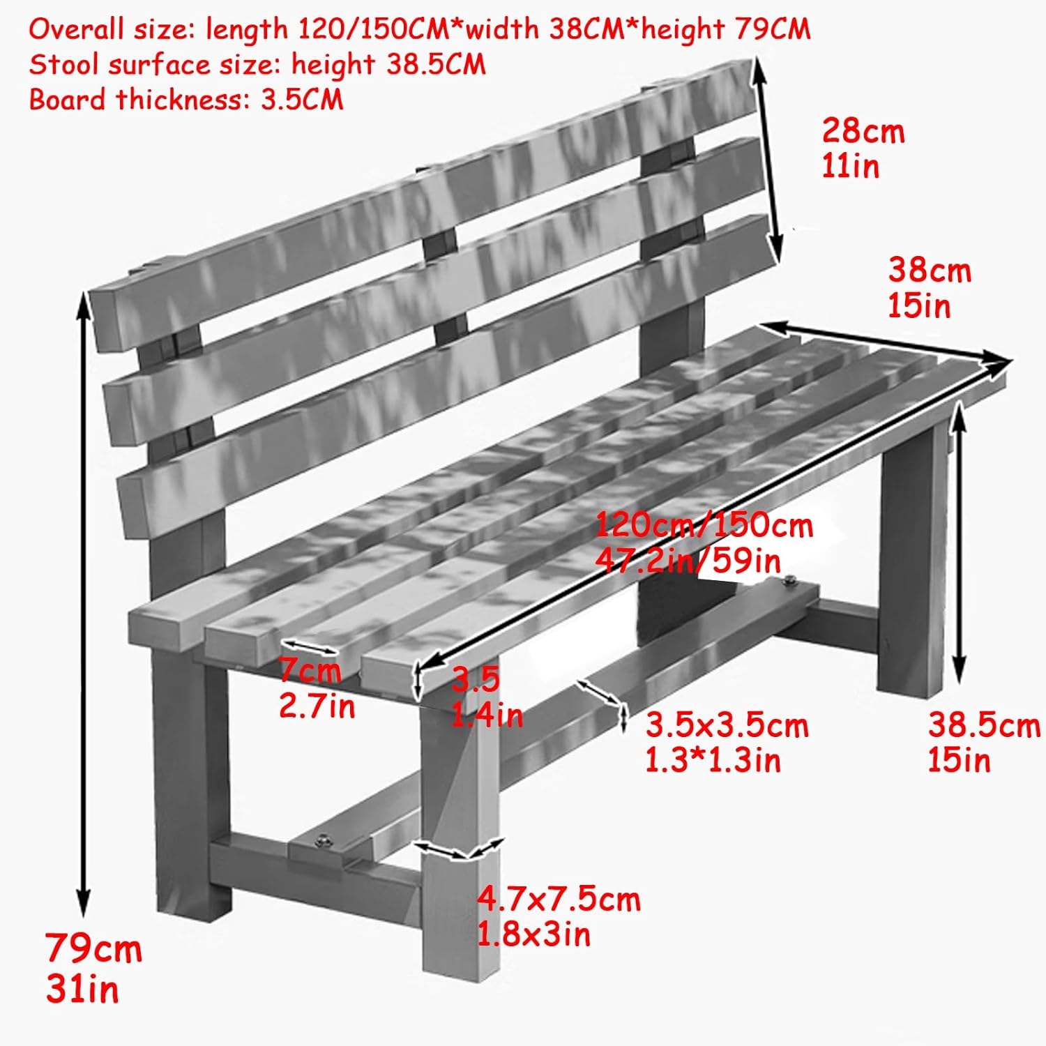 Durable Wooden Park Bench, Outdoor Solid Wood with Backrest, Heavy Duty Patio Chair, Weatherproof Garden Furniture, Romantic Balcony Seating (D: 150x38x79CM/59x15x31IN)