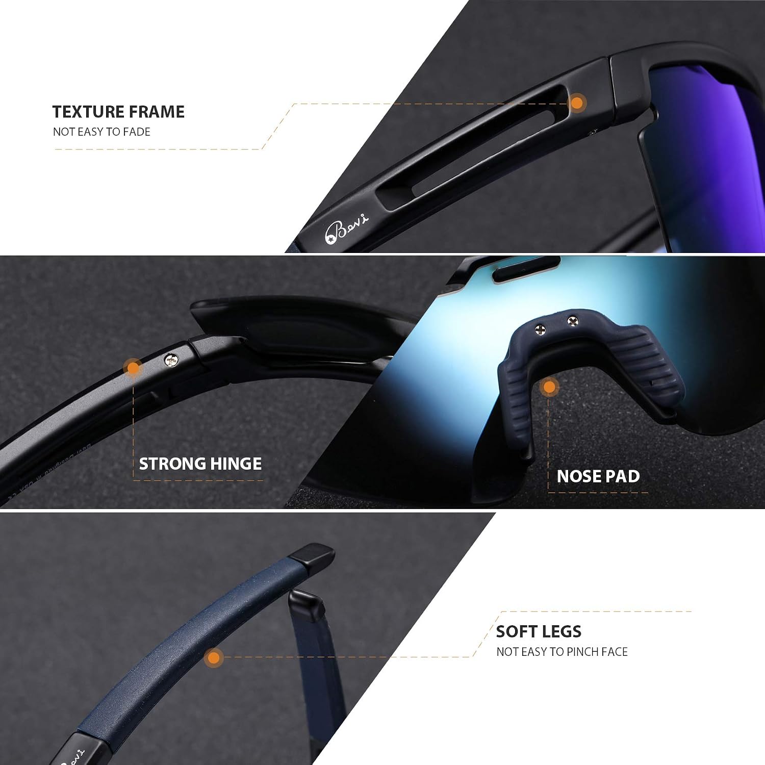 Bevi Sports Sunglasses Polarized Lens with TR90 Durable and Flexible Ultralight Frame for Men Women Running Driving Cycling