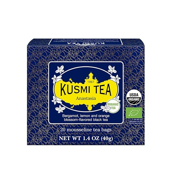 Kusmi Tea - Anastasia - Organic Black Tea with Bergamot & Lemon - Flavored with Orange Blossom - Caffeinated Tea - Inspired by the Iconic Earl Grey Tea - 20 Tea Bags