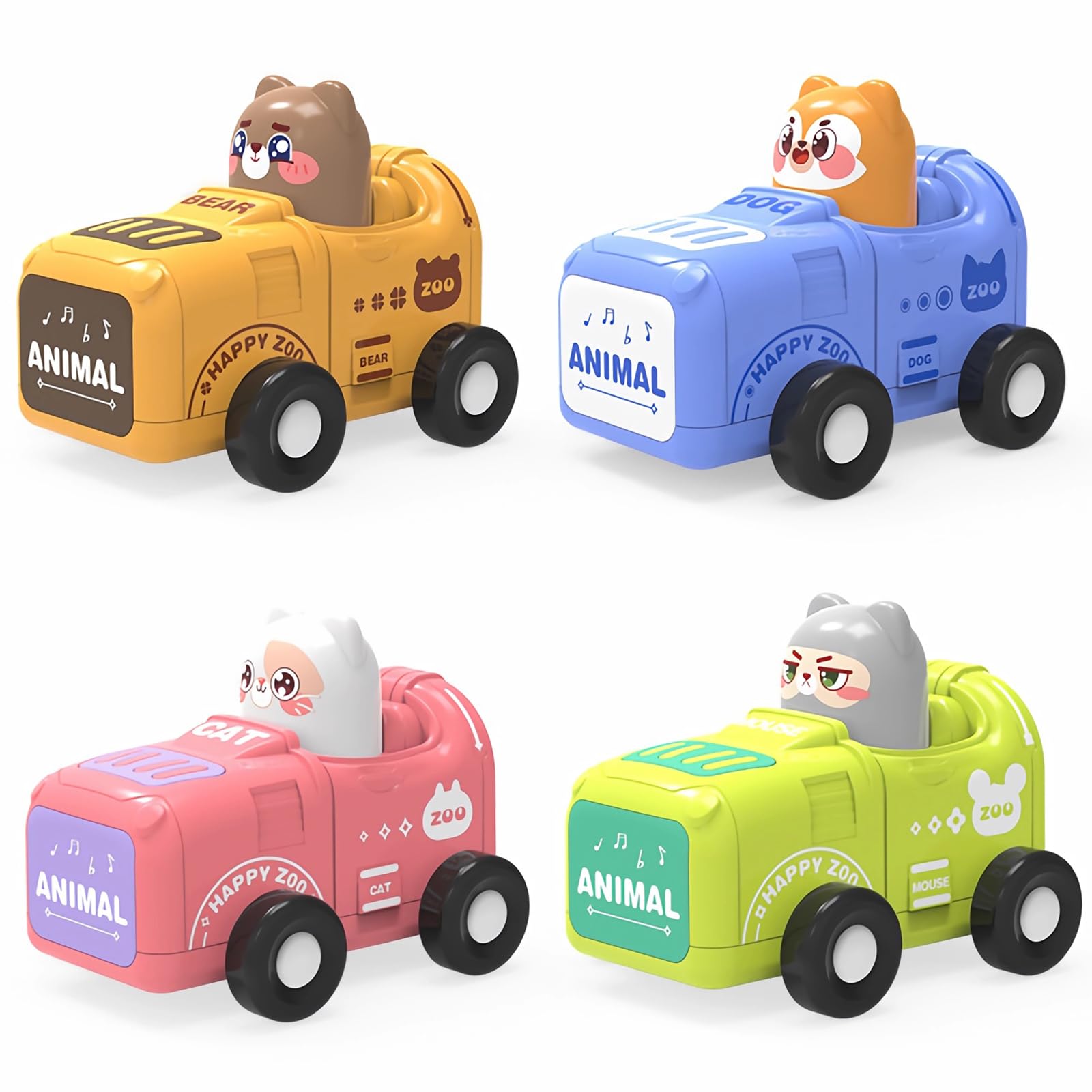 EYSOO Press and Go Cars Toy 4 Pack Vehicles Toy for Toddlers Animal Car Toy Baby Play Vehicles Set Cartoon Cars Toy Push Go Car Toy Birthday Gift for 3+ Kids Boys Girls