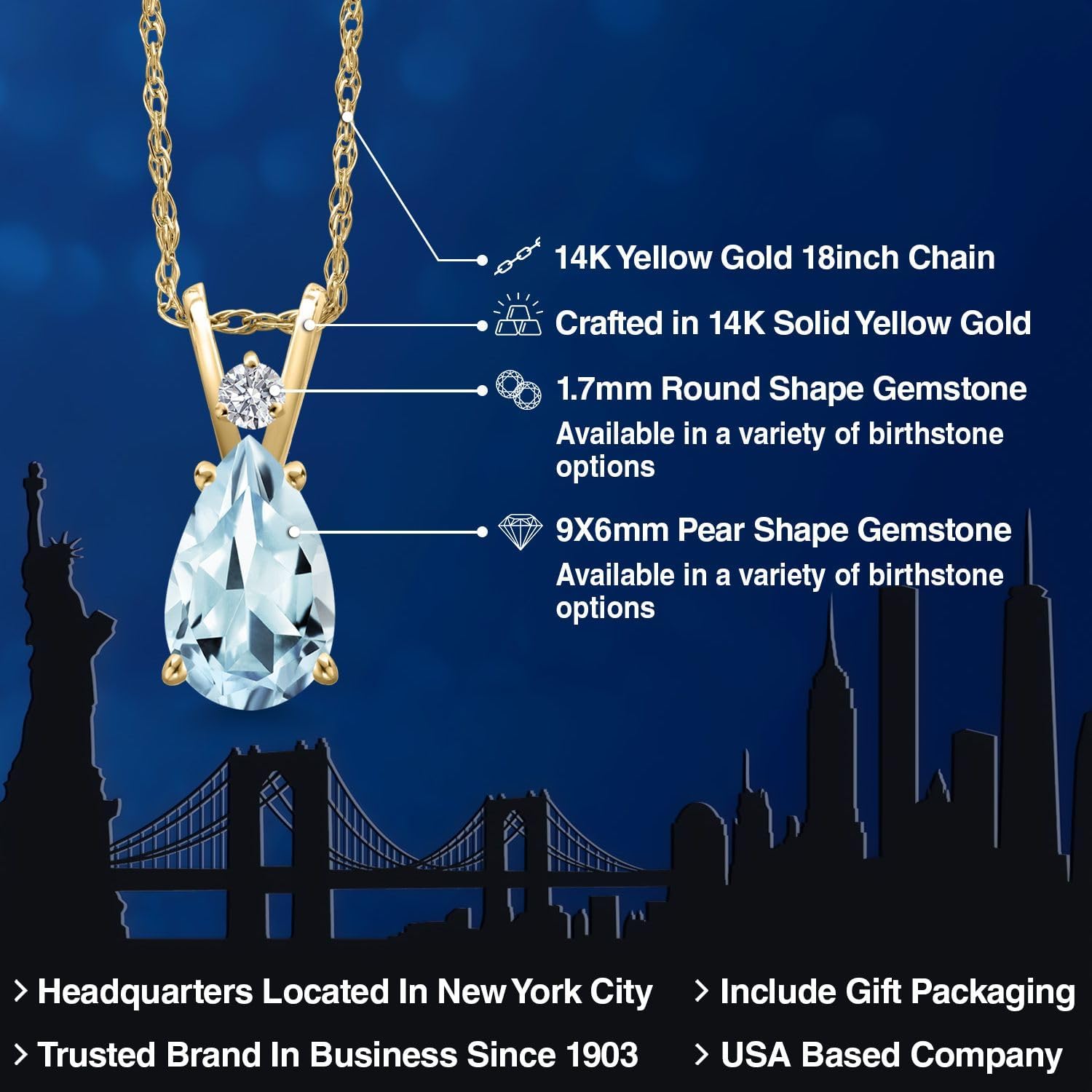 Gem Stone King 14K Yellow Gold Sky Blue Aquamarine and Lab Grown Diamond Pendant Necklace for Women | 1.17 Cttw | Gemstone March Birthstone | Pear Shape 9X6MM | With 18 Inch Chain - Image 2