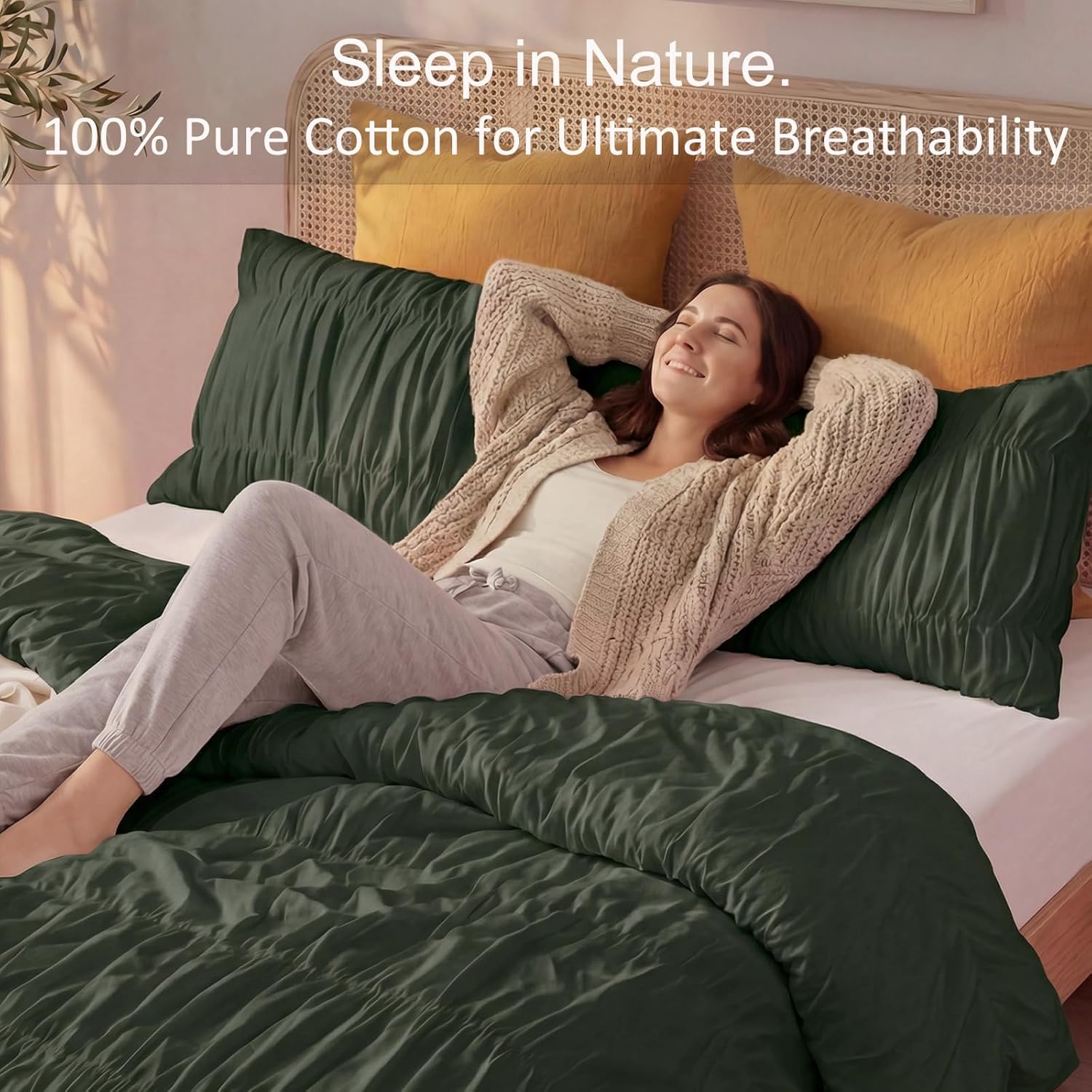 Bedbay Boho Ruched Comforter Set for King Size Bed,Dark Green Ruffle Bedding Set,3 Pcs Breathable Cotton King Comforter Bed Set,Vintage Ruffled Fluffy Quilt Comforter for All Seasons - Image 4