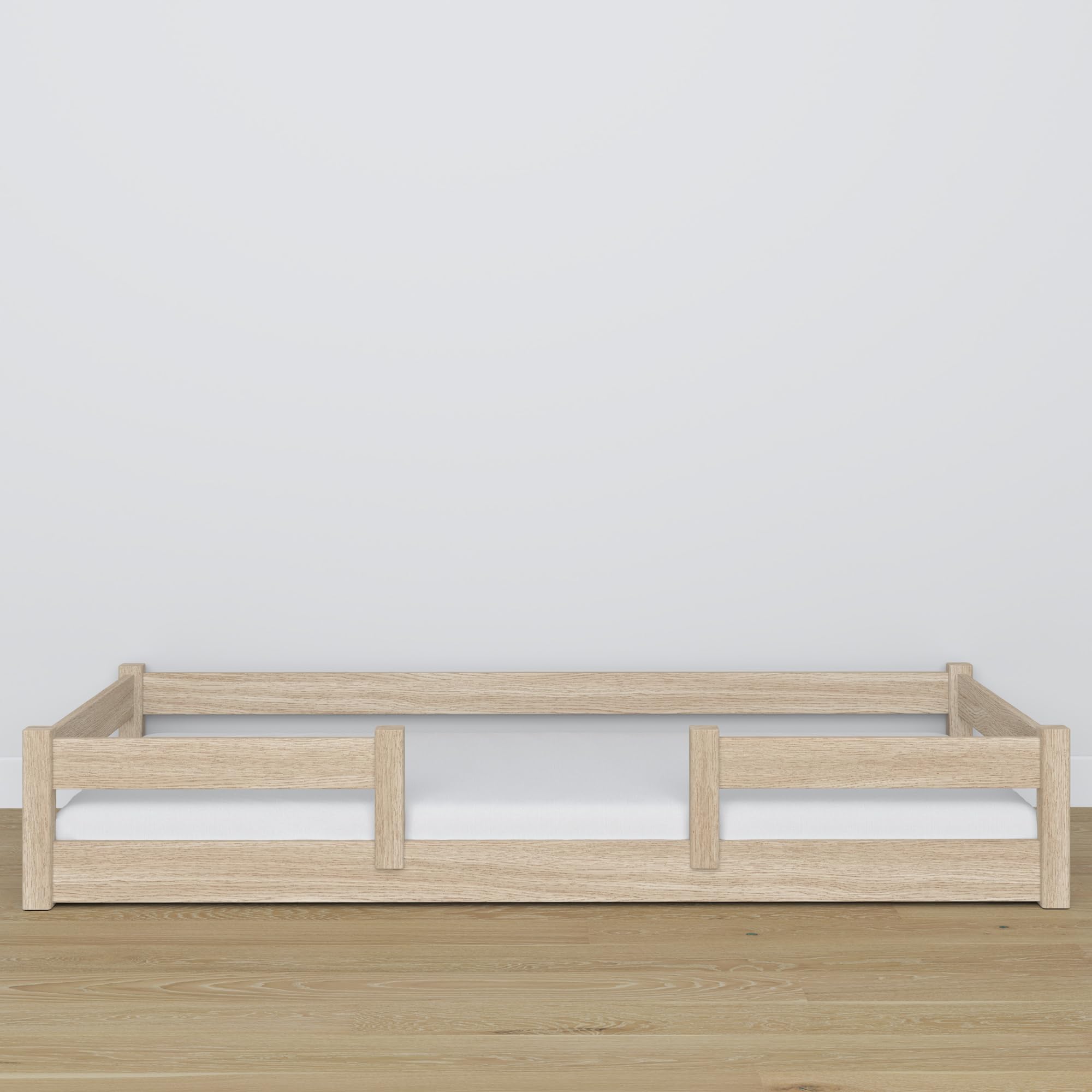N01 Letto montessoriano 120x190 in legno massello, Lettini a pavimento, Basso per bambini con barriera di protezione, Rete a doghe inclusa, Fatto a mano, Angoli arrotondati, Quercia sbiancata