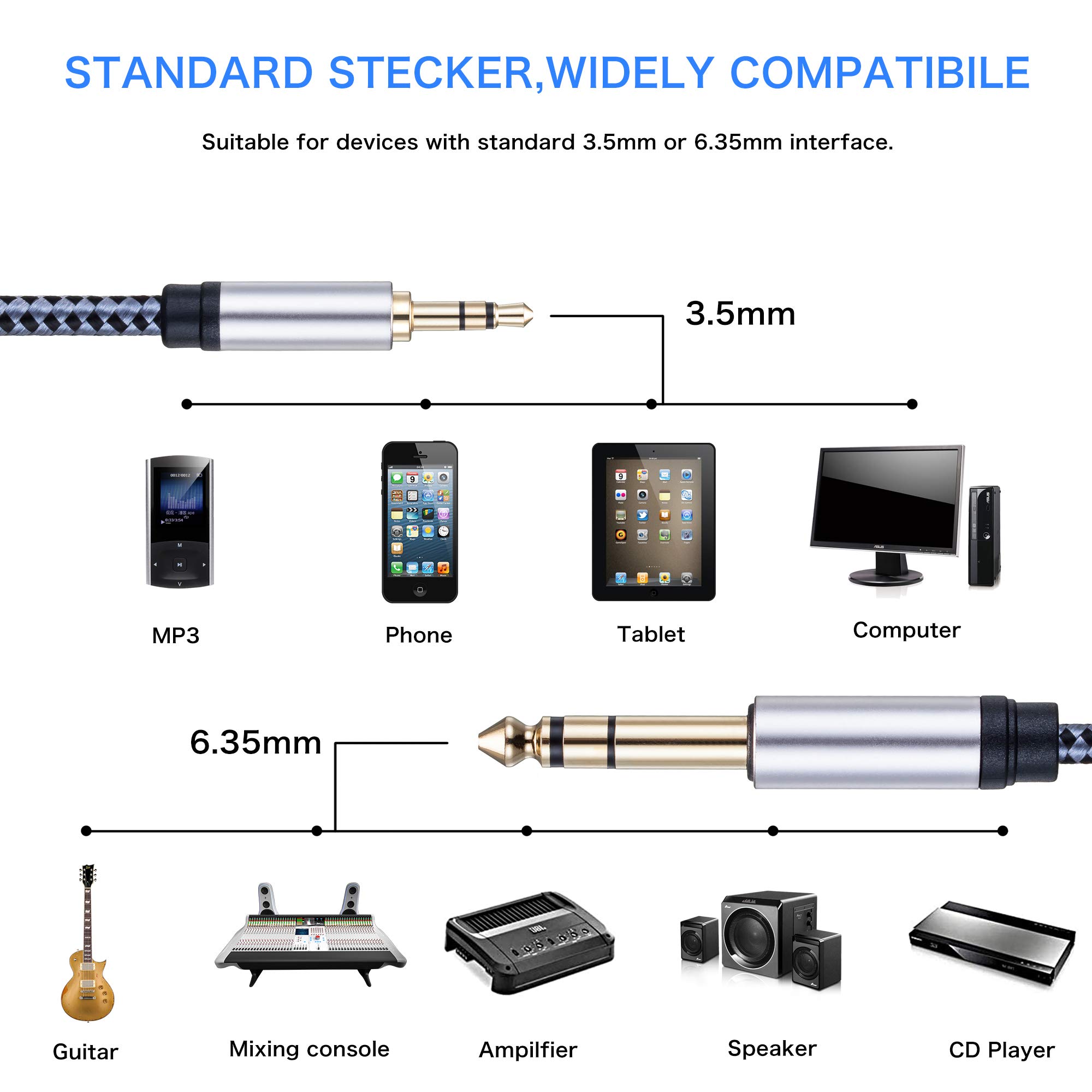 3.5mm to 6.35mm Stereo Audio Cable 6Ft, Gold-Plated Terminal Silver Color Zinc Alloy Housing 3.5mm 1/8" Male TRS to 6.35mm 1/4" Male TRS Nylon Braided Stereo Audio Cable for iPhone, Amplifiers (6Ft)