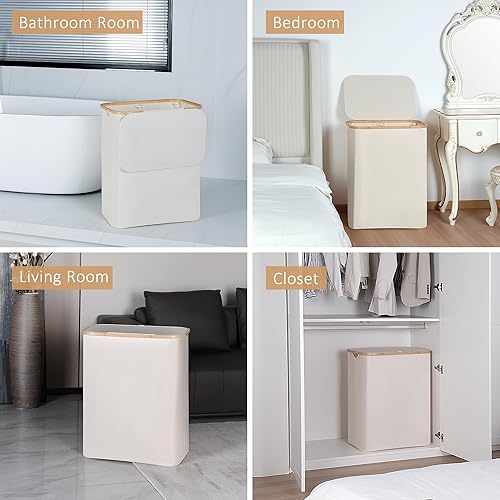 Miniatura 7 de Cesta de lavandería de 150 litros con tapa, cesta grande para la ropa sucia con mango de bambú, organizador plegable para ropa sucia con bolsa