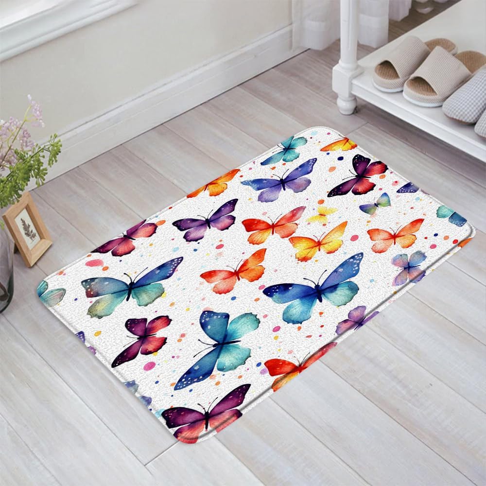 Butterfly Bath Mat Colorful Butterflies Watercolor Wild Animals Aesthetic Memory Foam Bathroom Kitchen Bedroom Livingroom Soft Floor Rug, 24"x47"