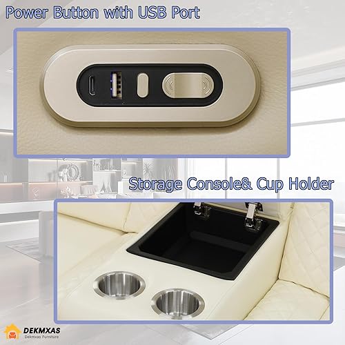 Miniatura 6 de Juego de sofá para sala de estar, sofá de dos plazas con consola de almacenamiento, portavasos, luz LED, puerto USB para apartamento, oficina