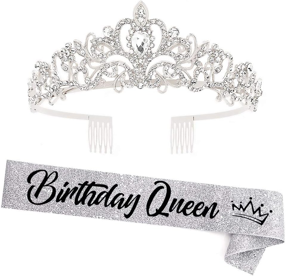 "Birthday Queen"Sash and Rhinestone Crown Set - Glitter Silver Fabric with Black Foil Letters Birthday Sash for Women + Rhinestone Crown Set Birthday Party Gifts Birthday Party Supplies