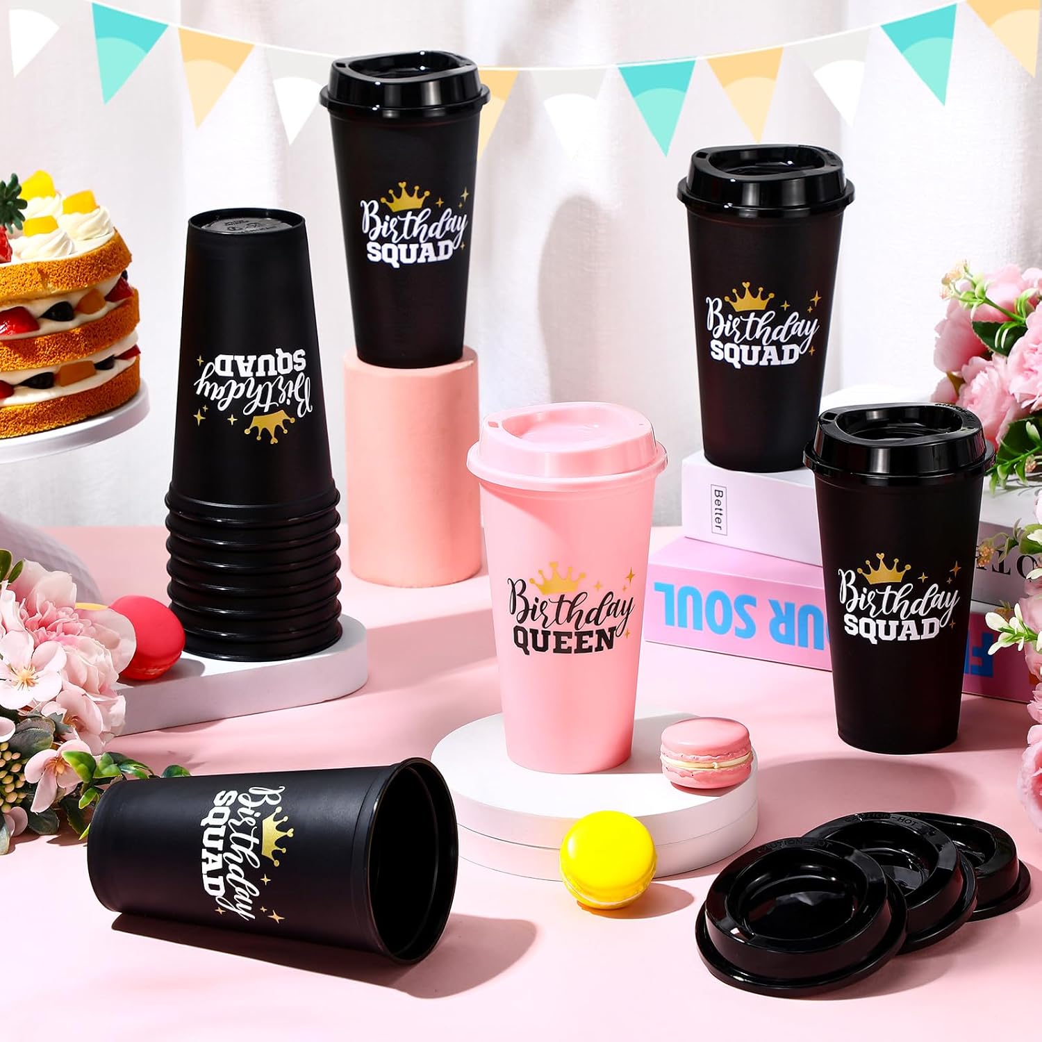 Nuenen 12 Pcs Reusable Birthday Queen and Squad Coffee Cups with Lid 16 oz Plastic Tumblers Bulk for 20th 30th 40th 50th Birthday Christmas Anniversary Party Supplies for Women Adults (Pink,Black) - Image 6