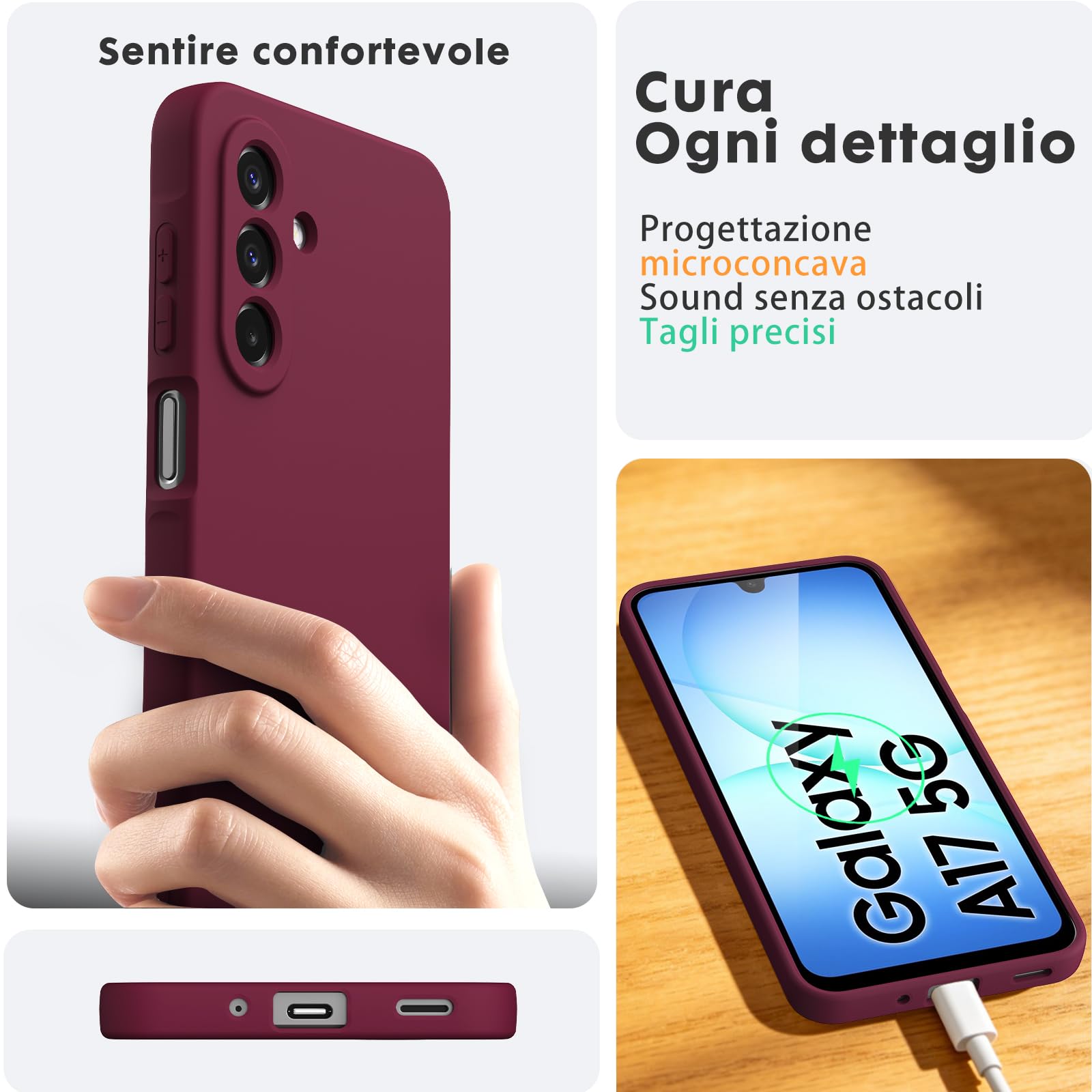 Cover per Samsung Galaxy A17 4G/5G, con 2 Proteggi Schermo in Vetro Temperato, Case Protettiva Gomma Antiurto, Custodia in Silicone Morbido TPU Liquido - Bordeaux