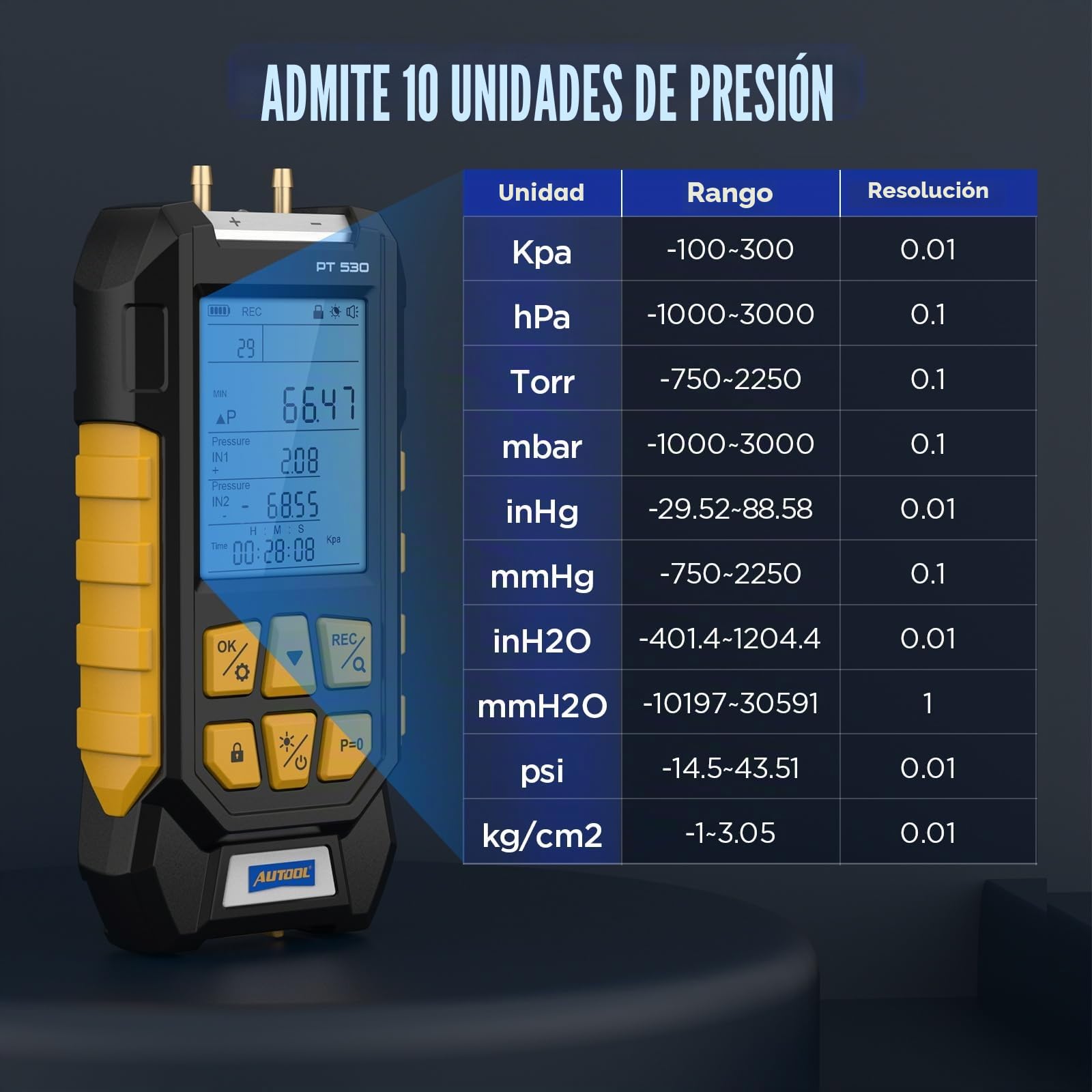 AUTOOL Manómetro de presión de gas, manómetro digital HVAC de -100 a 300 Kpa, manómetro de pieza de campo diferencial dual, bloqueo de datos y almacenamiento con parte trasera magnética, 7 accesorios