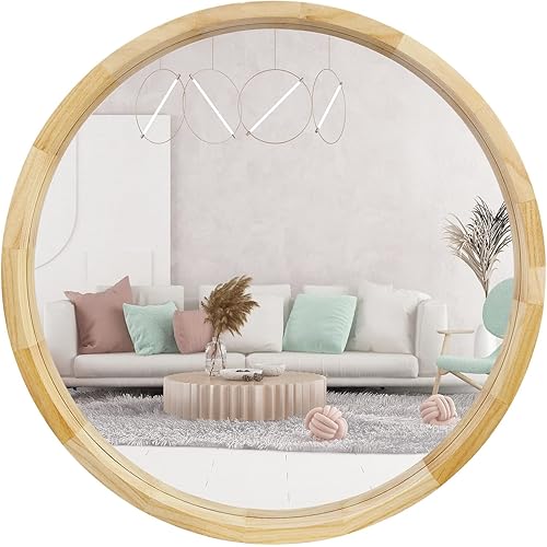 RACHMADES Circle Wall Mirror, Modern Wood Framed Round Mirror, Bathroom Entrance Bedroom Foyer Living Room Decoration Mirror, Large Vanity Mirror, Natural Rustic Mirror