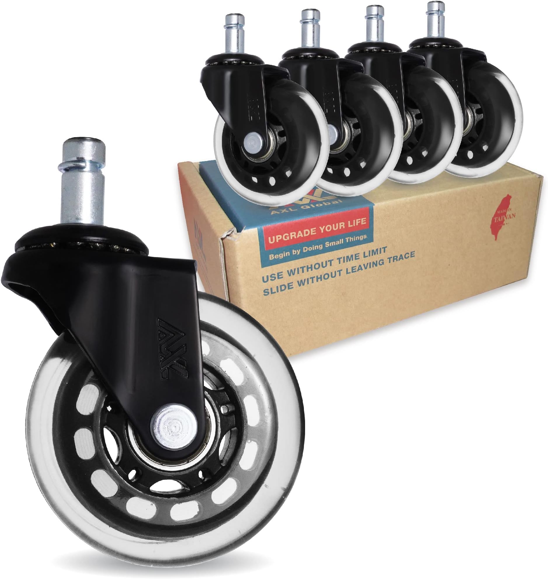 AXL 2.8 inch Office Computer Rollerblade Chair Caster Wheels – Heavy Duty, Safe for Hardwood Floors, Desk Floor Mat - Black with Black Rim Clear Wheel - Set of 5