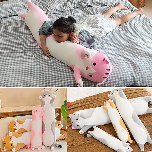 Oreiller géant en peluche avec motif de chaton de dessin animé - Jouet pour enfants et petites amies (gris, 70 cm) - 4