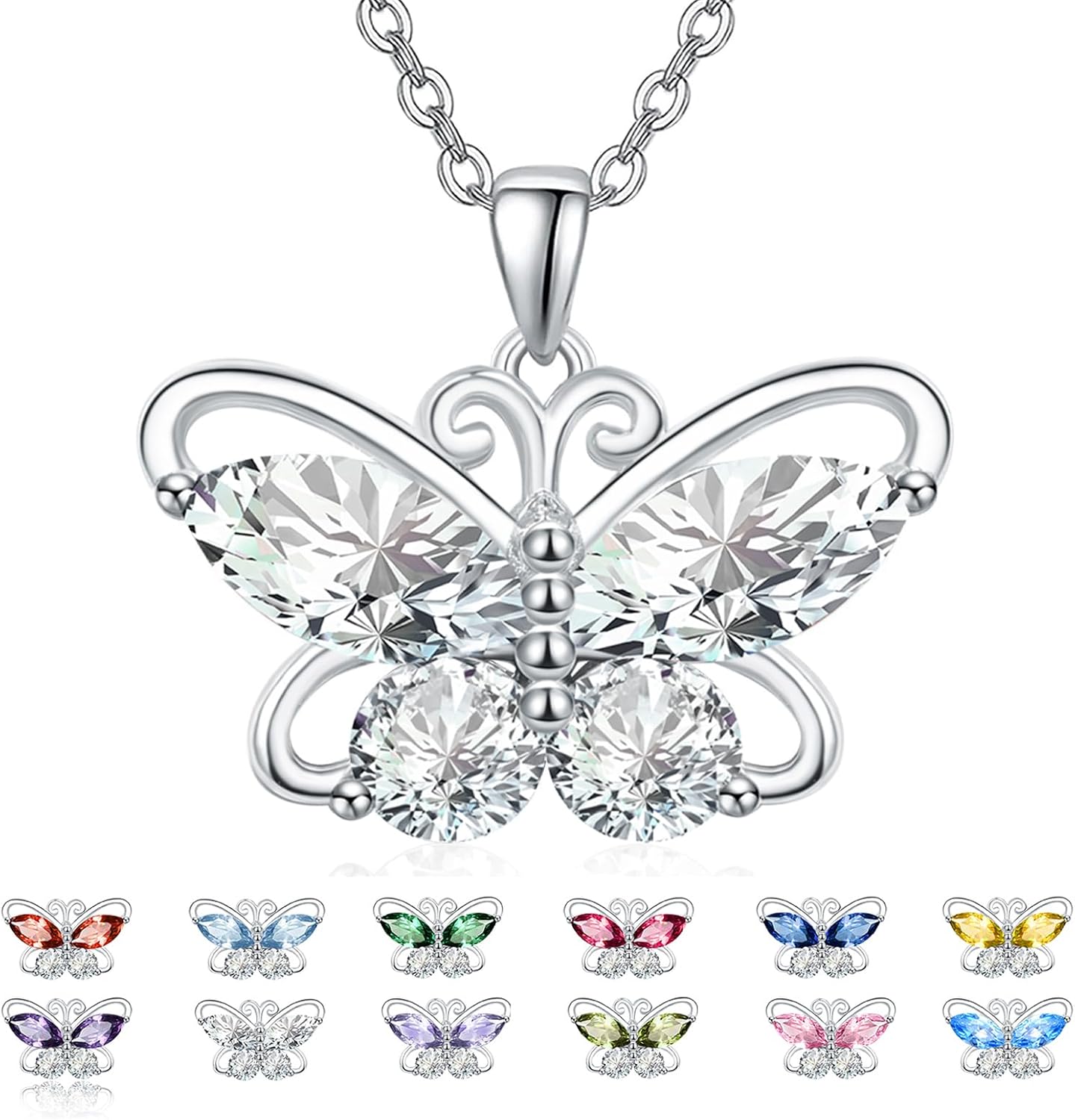 Dreamboat Butterfly Birthstone Pendant Necklace for Women 925 Sterling Silver Cubic Zirconia Jewelry Anniversary Birthday Gifts for Mom Wife Daughter Her