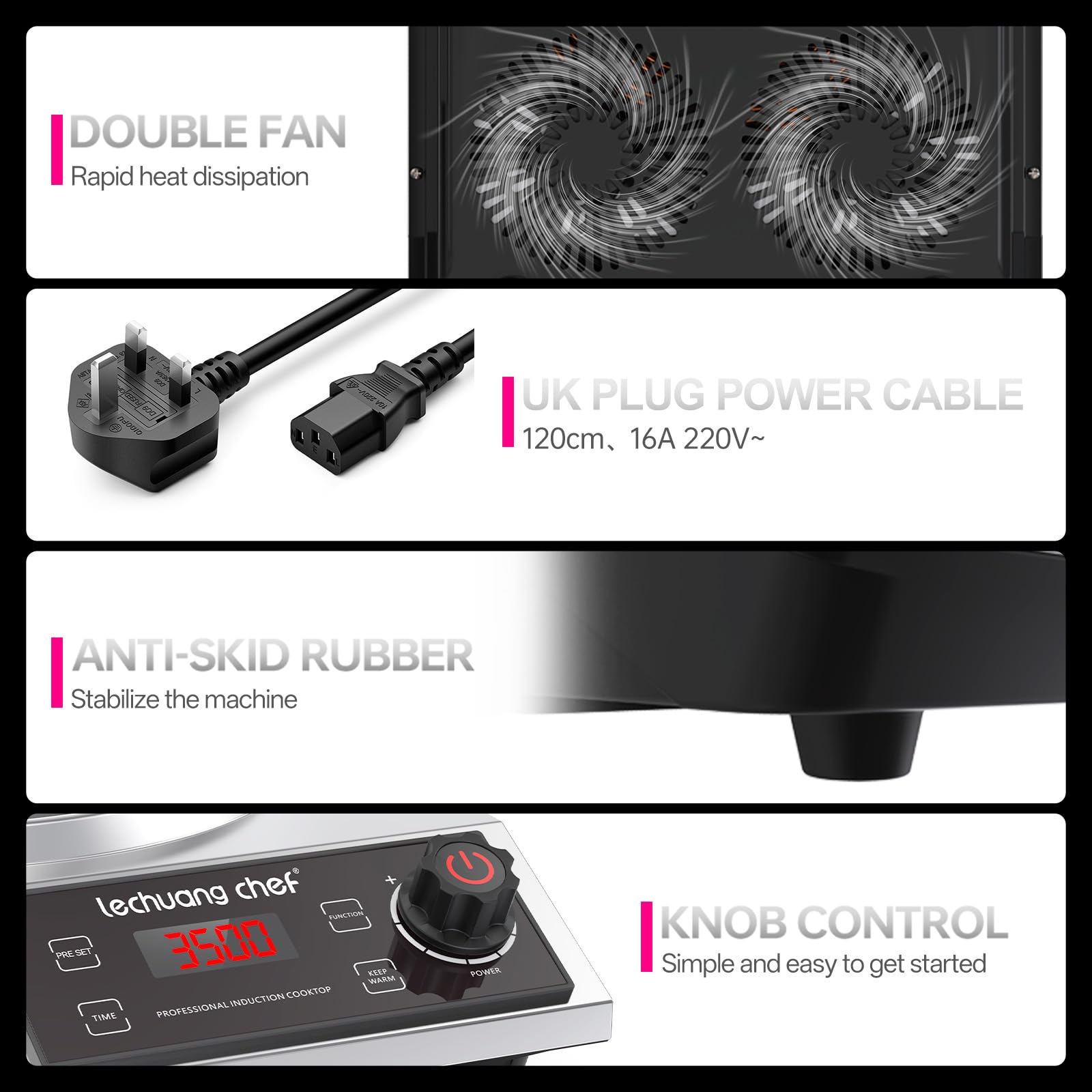 Lechuang Chef 3500W Induction Cooker with Wok, Induction Hob with Upgrade Hot Plate, 24-Hour Timer and Preset Functions, 50 KG Load Capacity, 11-Level Power and Temperature setting — view 7