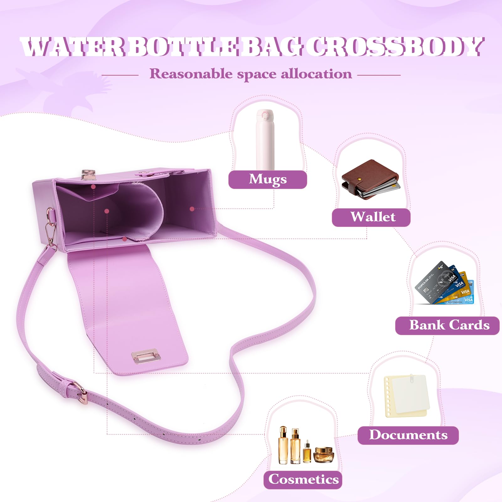 Gugxiom Bolsa de Almacenamiento para Tazas de Agua, Bolsa de Almacenamiento Portátil Multifuncional de PU con Soporte para Botella de Agua para Viajes Al Aire (Purple)