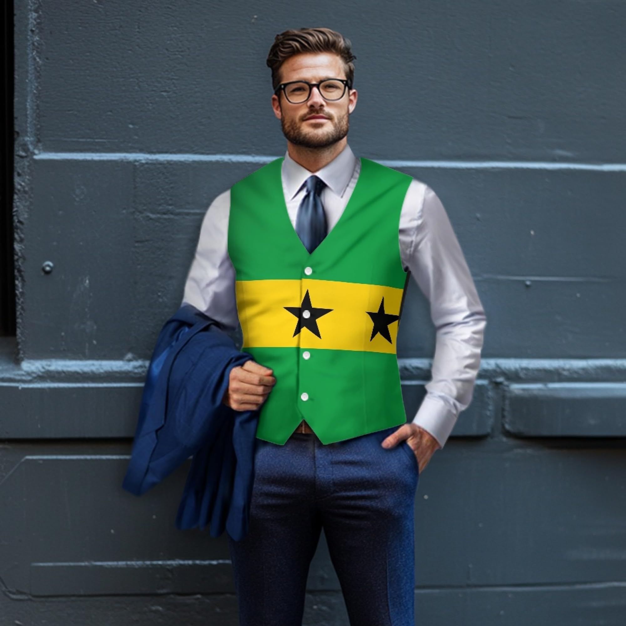 Chalecos De Traje Con Cuello En V Para Hombre Formal De Corte Entallado Chaleca De Vestir De Negocios Chaleco Clásico De Esmoquin Con Estampado De La Bandera De Santo Tomé Y Príncipe Para Fiesta