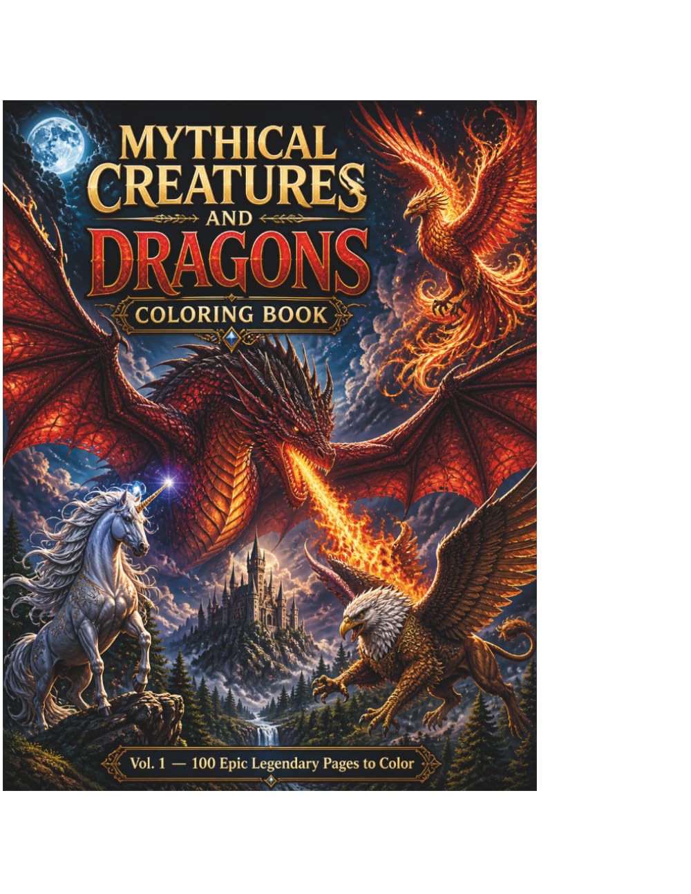 Mythical Creatures and Dragons Coloring Book Volume 1: 100 Epic Fantasy Pages to Color — Dragons, Unicorns, Phoenix, Griffins and Legendary Beasts for Adults and Teens
