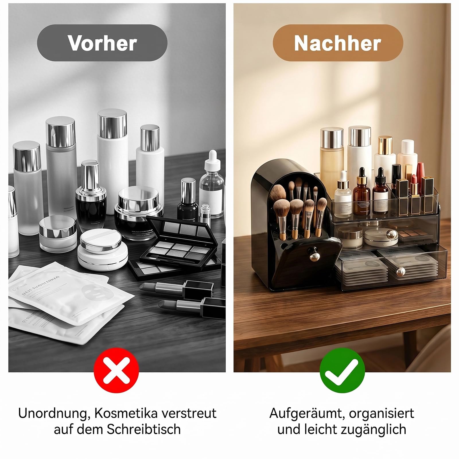 ERWEY Make Up Kosmetik Organizer mit Schubladen, Große Schminktisch Organizer Pinsel Aufbewahrung, Kosmetik Aufbewahrungsbox für Kommode Schminktisch Badezimmer (Schwarz)