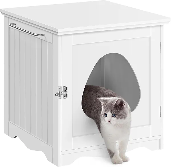 Yaheetech Cat Litter Box Enclosure, Litter Furniture Hidden with Towel Bar, Wooden Kitty Washroom, Dog Proof Litter Box Cabinet, Indoor Cat House, Side End Table, White