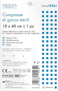 DEALFA Compresse di Garza Sterili - 18x40 cm - 100% Puro Cotone - per Medicazione, Cura e Pulizia Ferite - Monouso - Busta Singola da 1 Pezzo - Confezione da 100 Buste