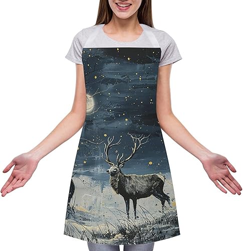 Miniatura 3 de MUSM Apron for Adults - 27.6 X 31.5 Inch, Heavy-Duty Polyester Aprons with Two Large Pockets, Waterproof Painting Under Moonlight Kitchen Apron for