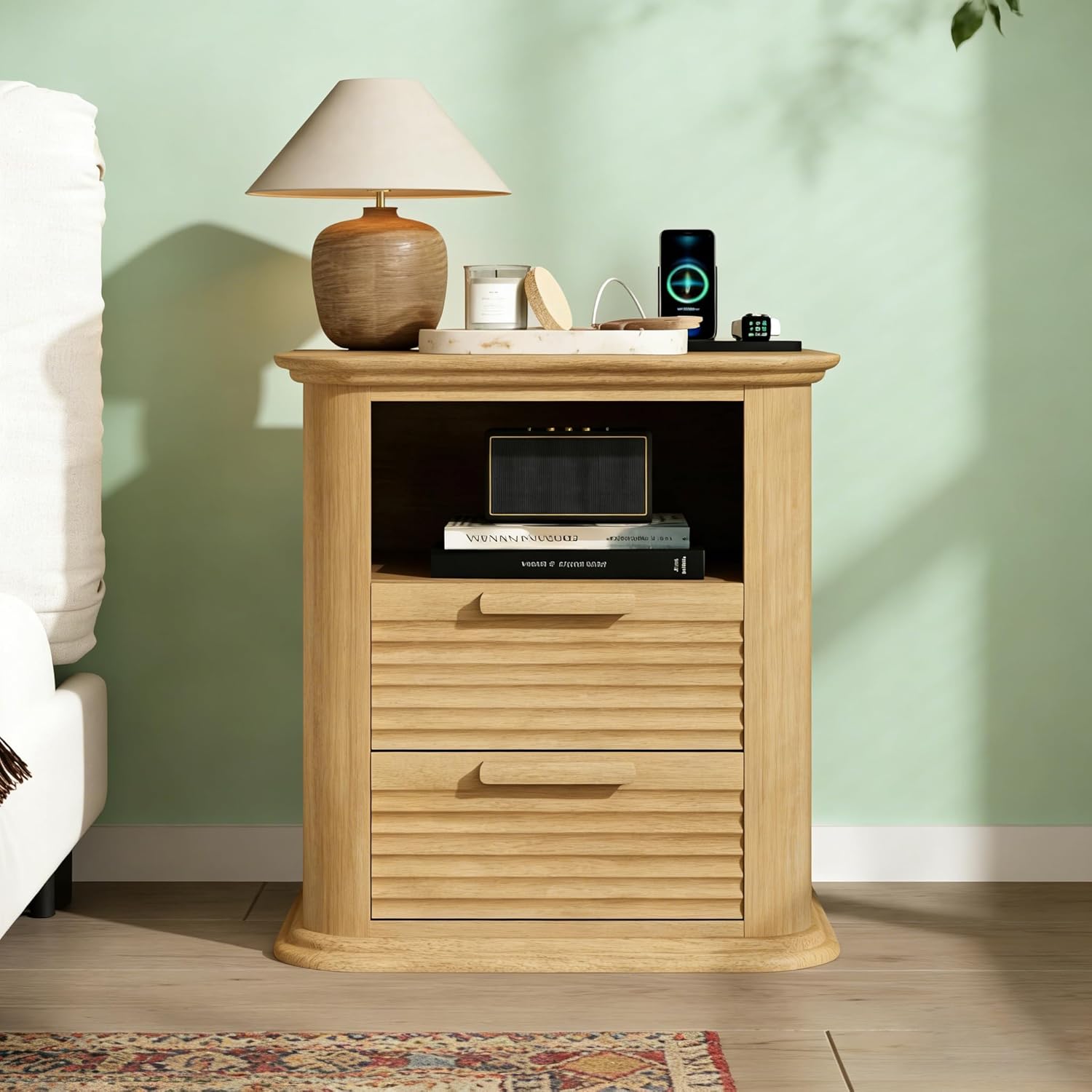 22'' Fluted Nightstand with Charging Station, Modern End Table with 2 Drawers and Open Storage, Wood Night Stand with Round Corner, Side Bedside Table for Bedroom, Living Room, Curved Profile,Natural