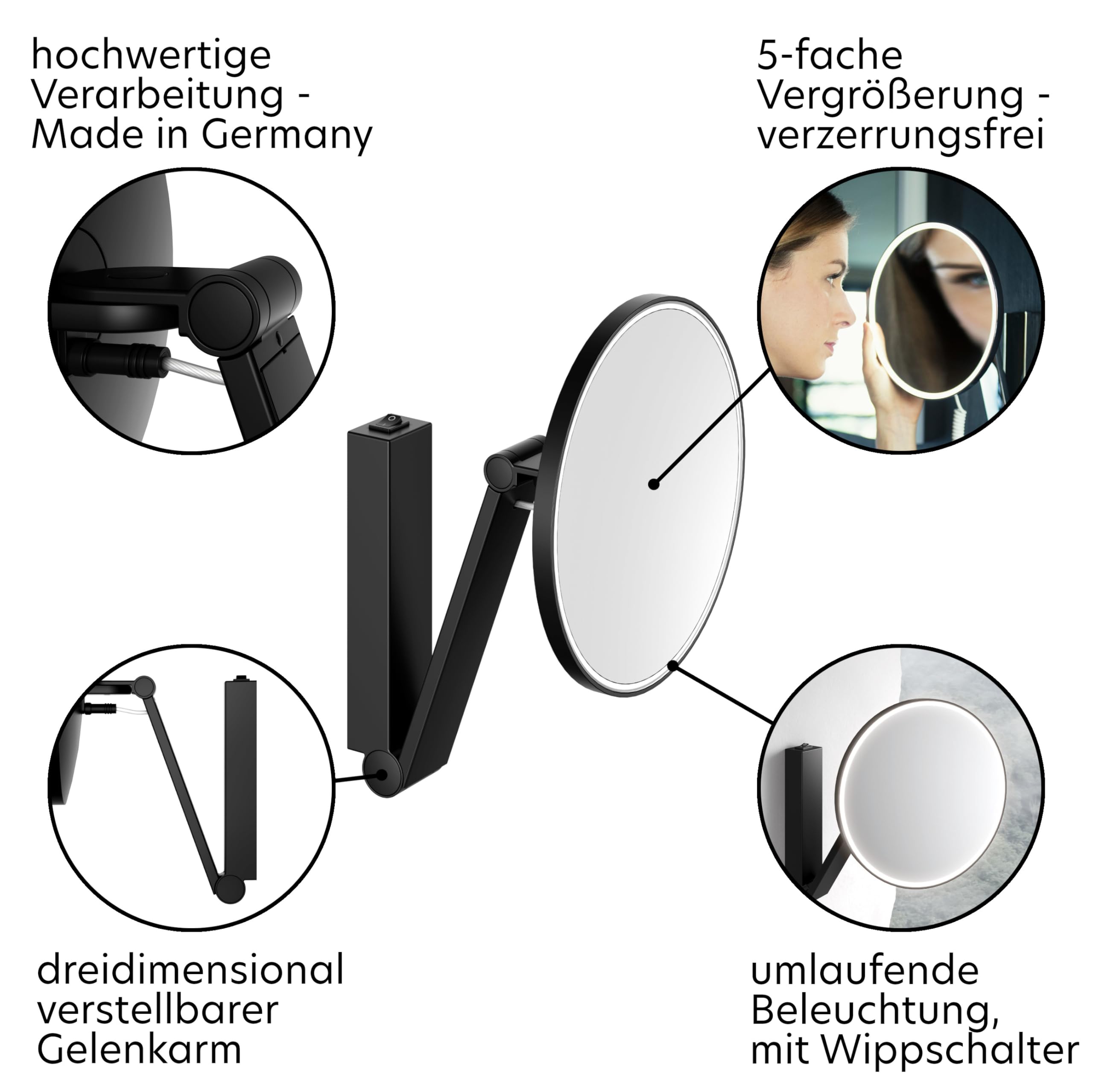 Keuco iLook_Move Kosmetikspiegel mit Beleuchtung, rund, Ø20 cm, schwarz | 5-fache Vergrößerung, mit Wippschalter, Unterputz, Made in Germany