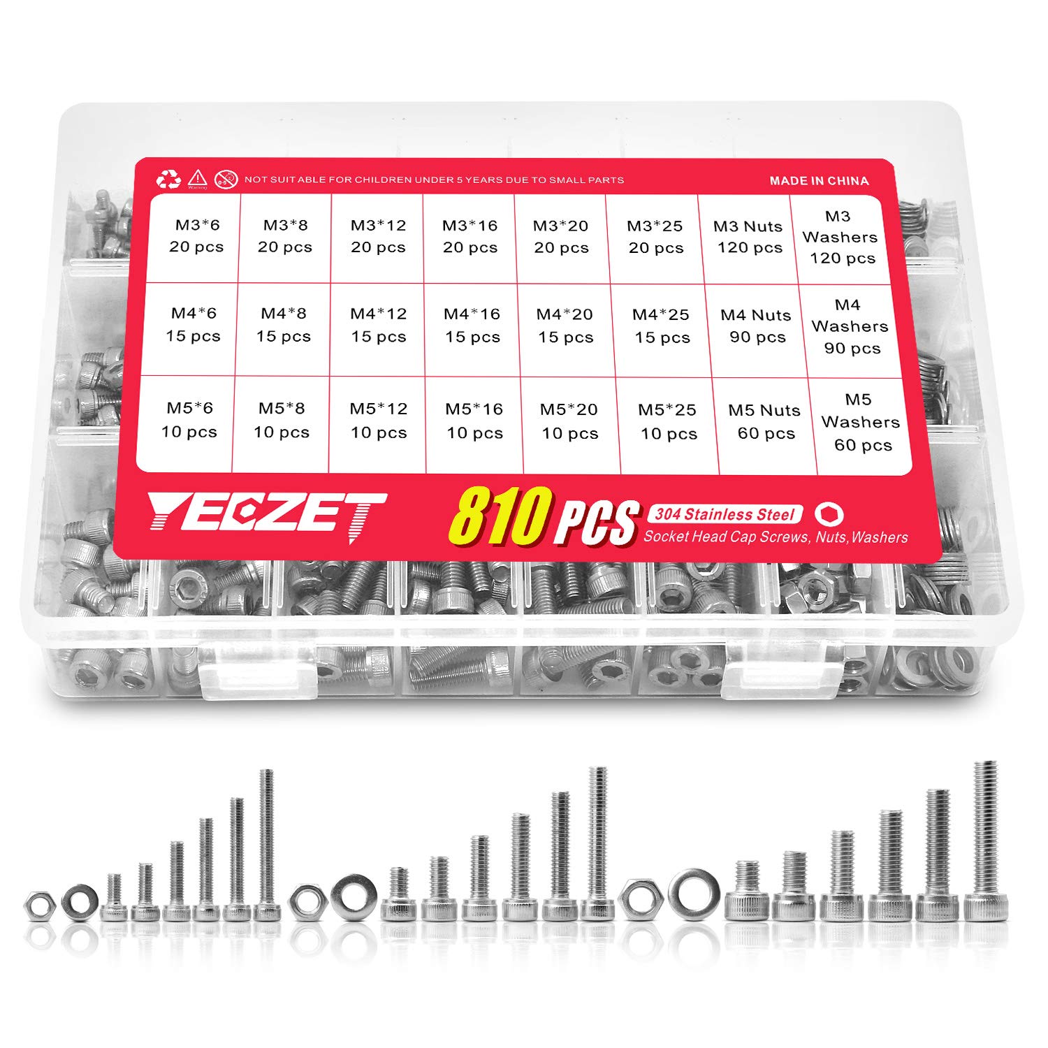 YEEZET 810 Pcs M3 M4 M5 Socket Head Cap Screws Bolts Metric,304 Stainless Steel Screws and Nuts Washers Assortment Kit, Allen Socket Drive, Bright Finish, Machine Thread
