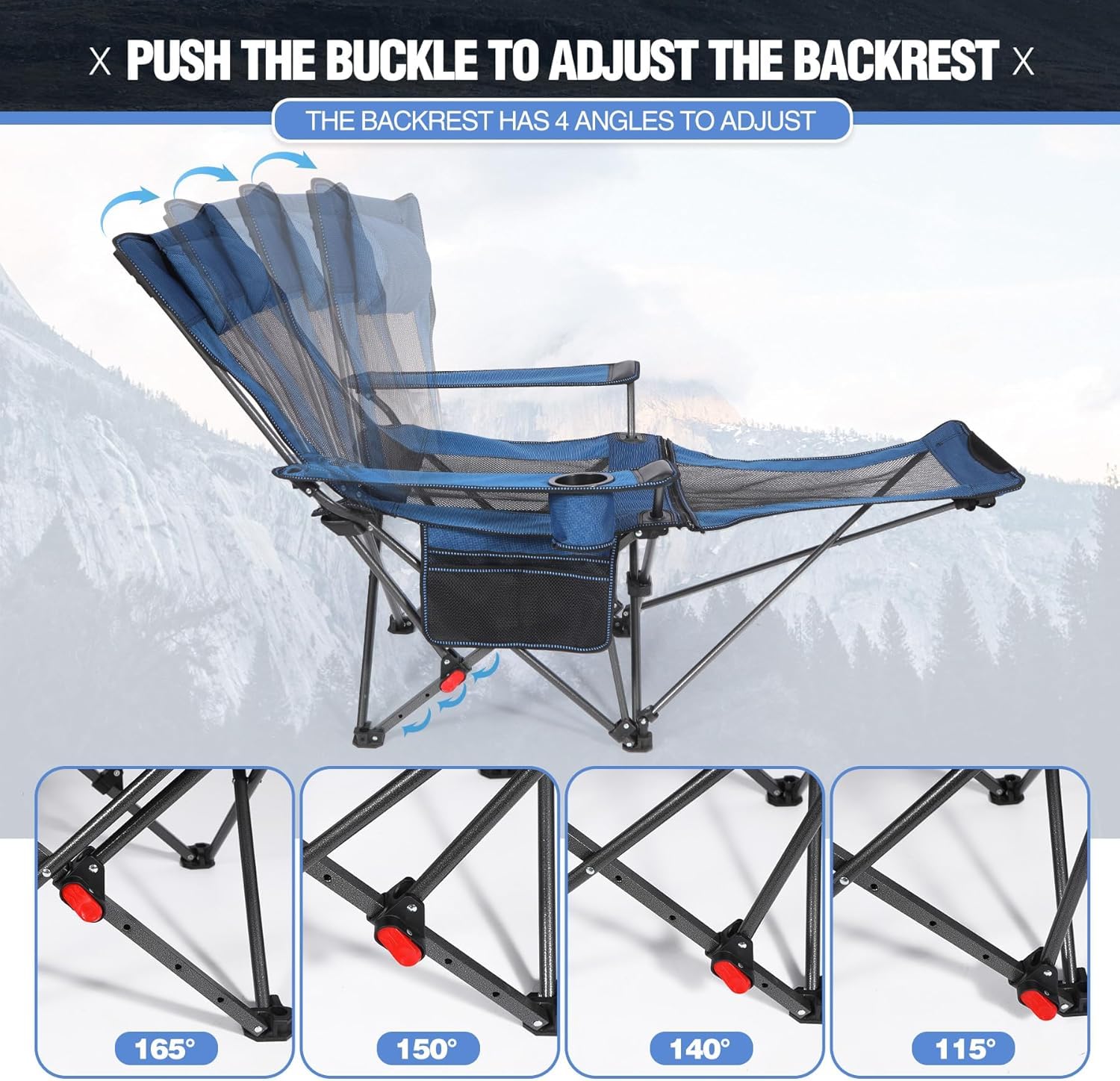 REDCAMP Sedia da campeggio pieghevole 2 in 1, con poggiapiedi, sedia da spiaggia con schienale regolabile in 4 posizioni, sedia a sdraio pieghevole con portabicchieri, sedia da campeggio per campeggio