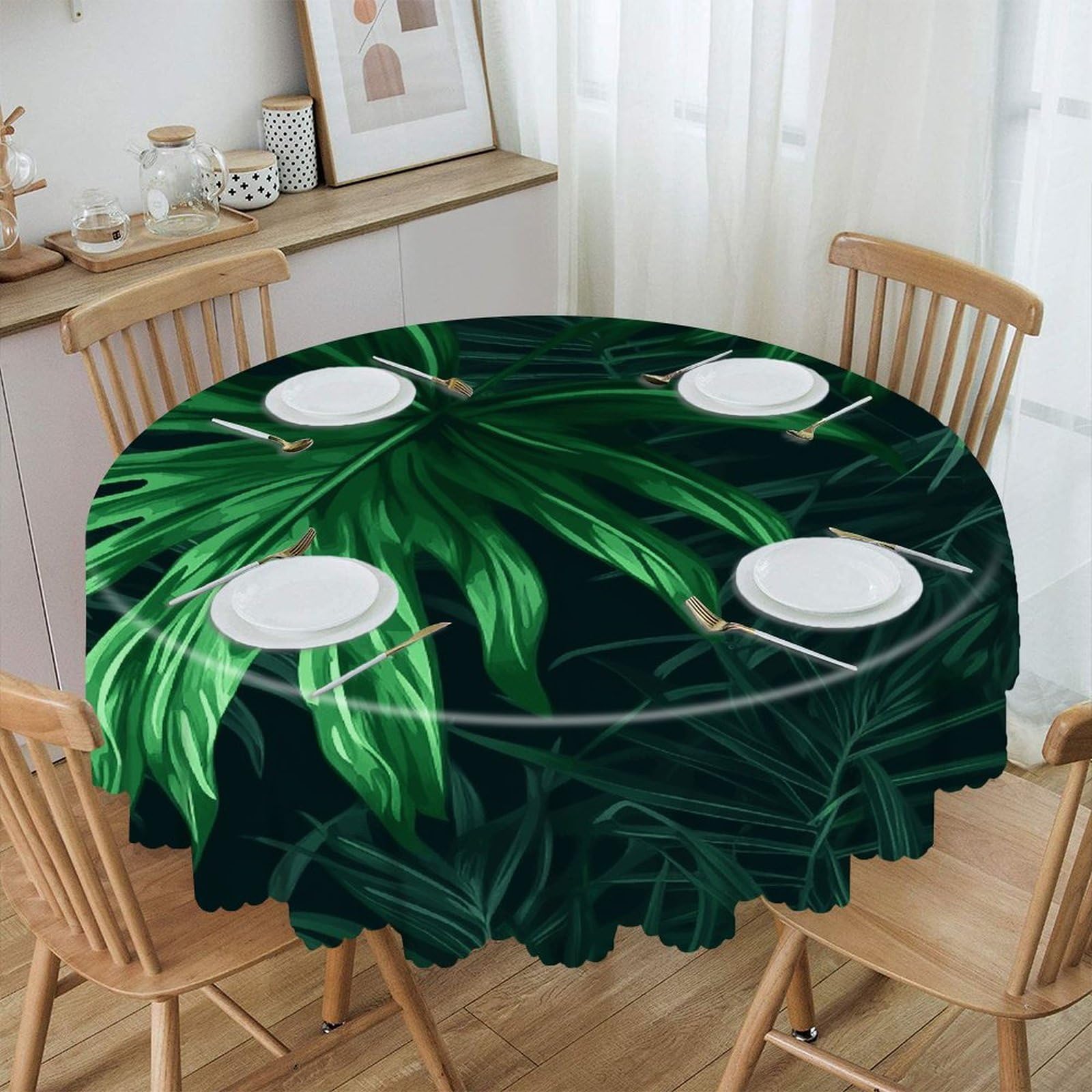 VstaDank Green Tropical Jungle Plant Round Tablecloth Premium Polyester Table Cloth Heavy Duty Washable Fabric Tablecloth Waterproof Holiday Table Cover Decorative Tablecloths for Dining 60"