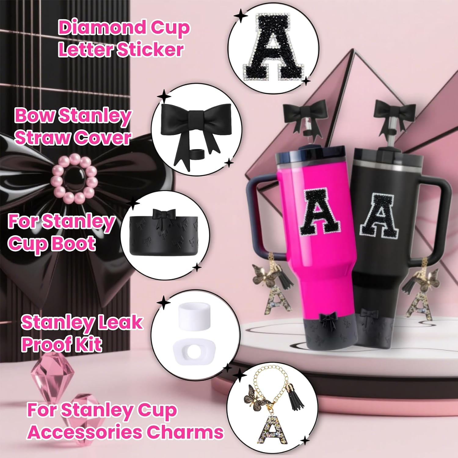 6PCS Black Stanley Cup Accessories Set for Stanley Cup 30oz 40oz image 2