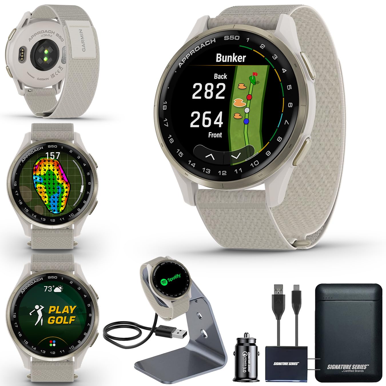 Garmin Approach S50 Advanced Golf GPS Smartwatch | AMOLED Touchscreen Display | On-Course Features and Signature Series Power Bundle | Ivory Nylon Band