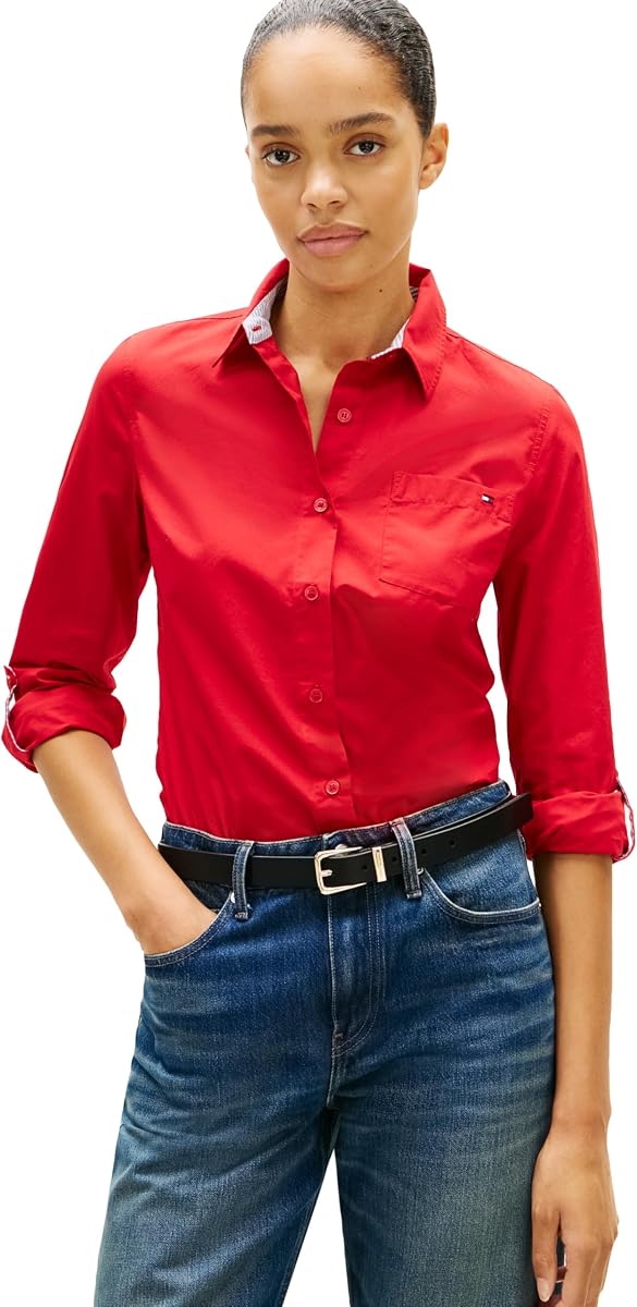 Tommy Hilfiger Camisa de popelina de algodón de manga larga con botones y corte regular para mujer