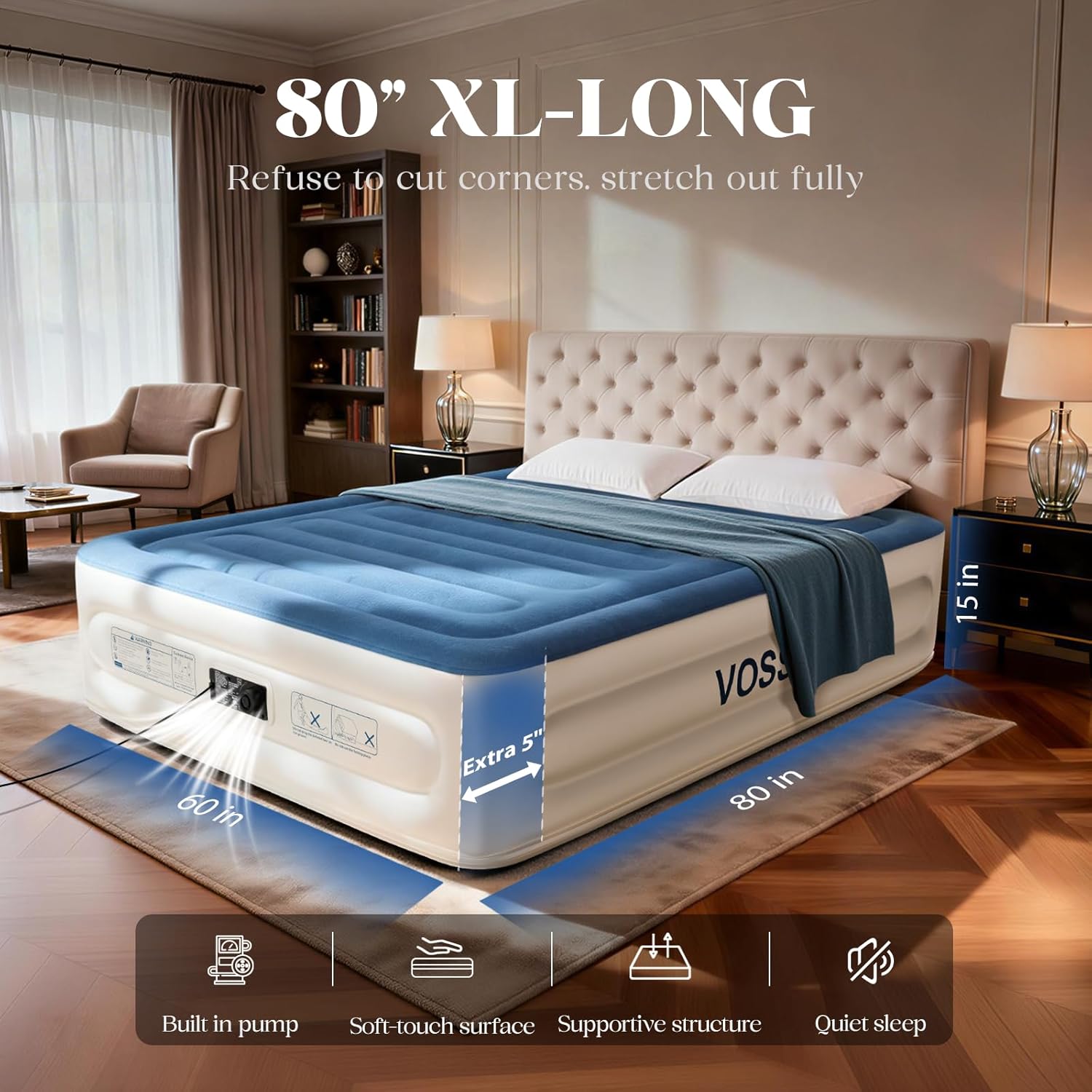vosser queen air mattress with built-in pump, extra thick blow up mattress, leak-proof air bed with storage bag, flocked top inflatable mattress for home, camping & guests?660lbs blue queen 15''(standard height)