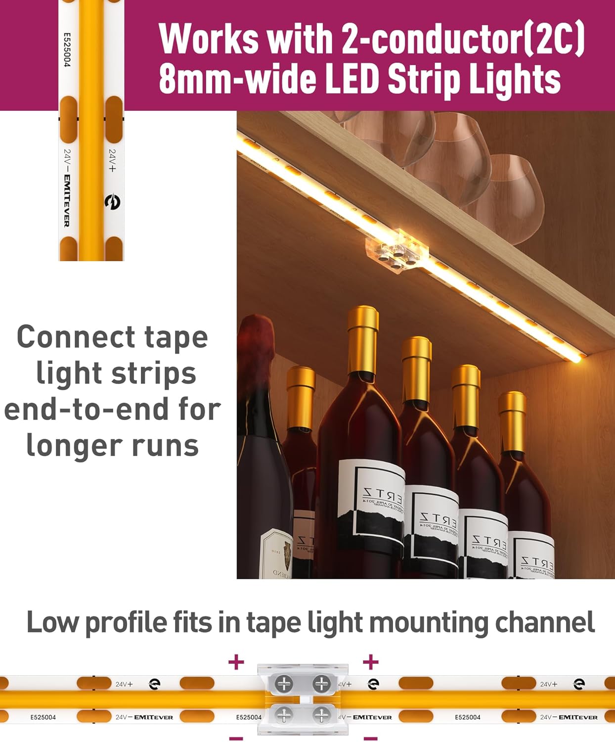 EMITEVER LED Strip Connectors,12 Packs LED Tape Light Connector 2 Pin Solderless Tighten Screw Transparent Tape to Tape Connectors for 5V 12V 24V 8mm Width LED Strip Lights