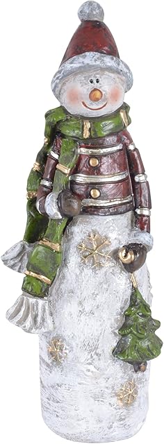 Mr Crimbo Snowman Christmas Decoration 17cm Room Ornament With Bobble Hat Green Scarf Carrying Xmas Tree Gold Snowflakes Resin Festive Indoor Figurine 7 Inch