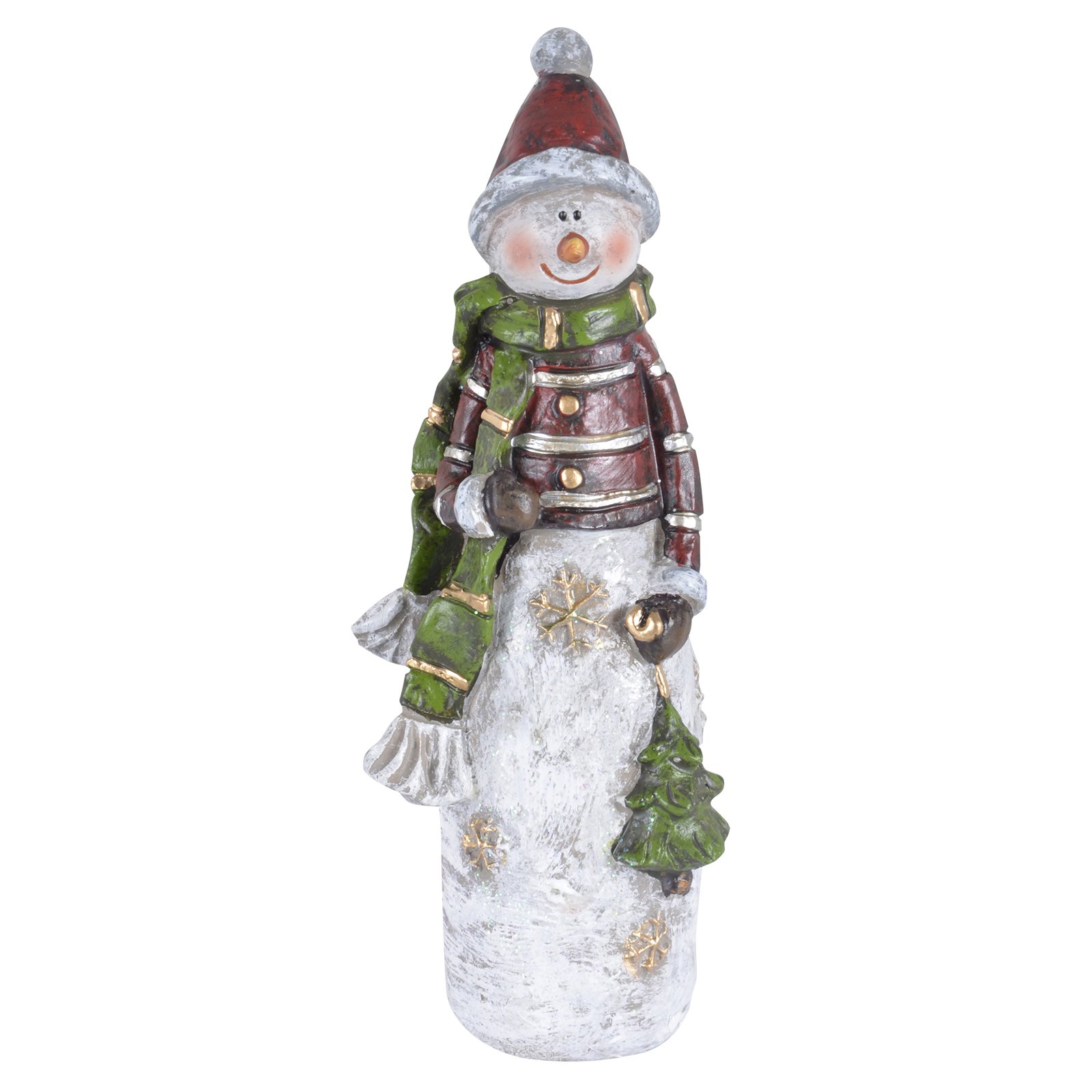 Mr Crimbo Snowman Christmas Decoration 17cm Room Ornament With Bobble Hat Green Scarf Carrying Xmas Tree Gold Snowflakes Resin Festive Indoor Figurine 7 Inch