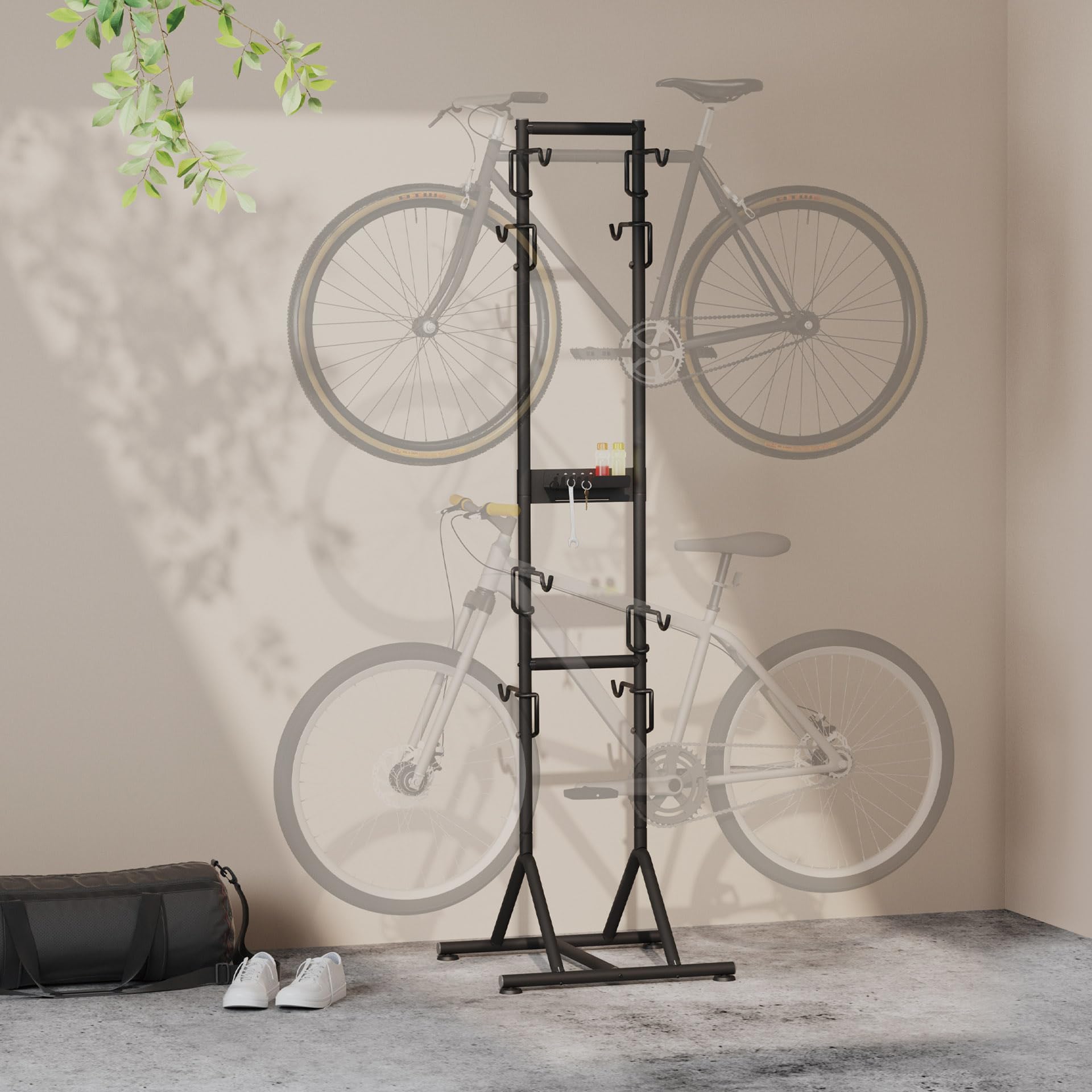 Mimoke Portabici per 4 biciclette, autoportante e senza trapano, regolabile in altezza per ruote di diverse dimensioni, robusto portabici verticale per garage, cantina e casa, con ganci per accessori