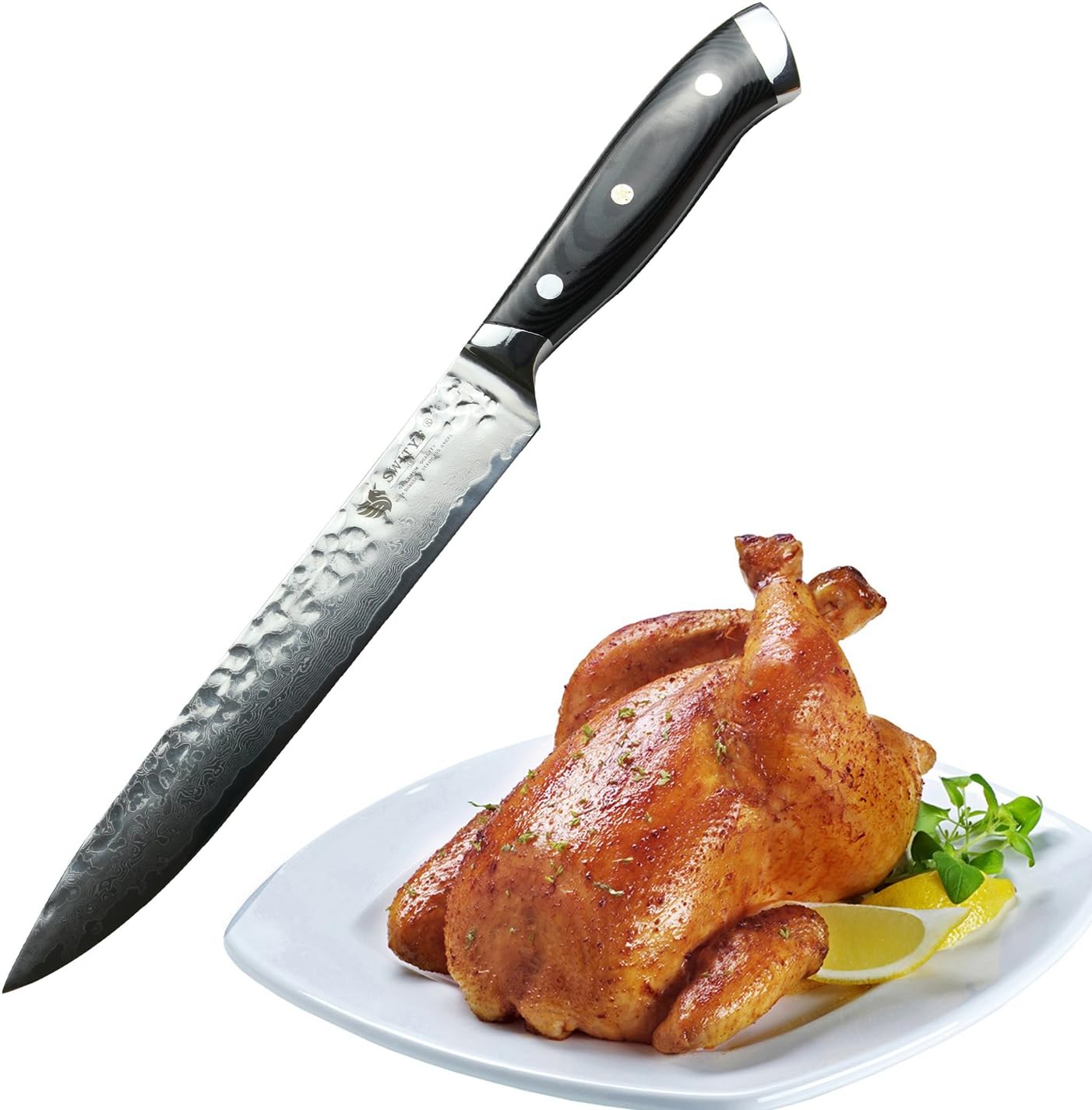 SWITYF Damascus Slicing Knife 8"Professional High Carbon Japanese Steel core,Ergonomic G10 Handle.Blade Alveolar Design
