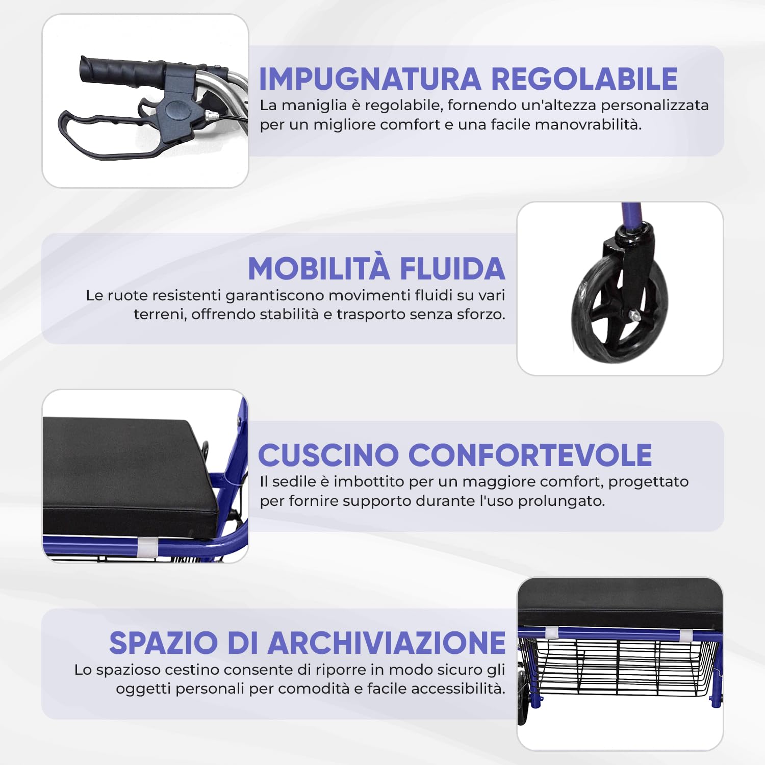 Deambulatore per Anziani ultra Leggero Pieghevole in Alluminio Regolazione Altezza - Sedile Imbottito Blu