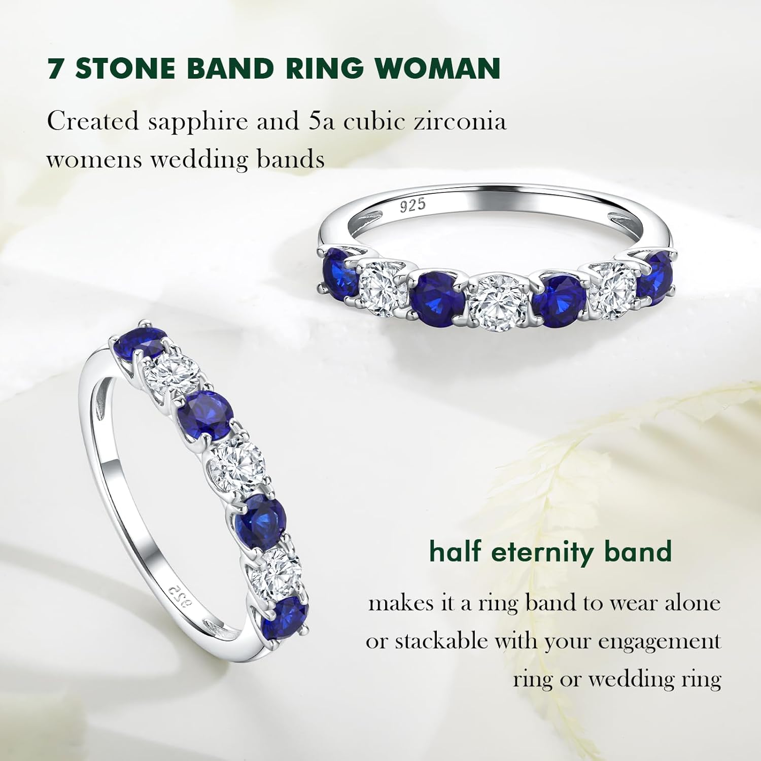 Sterling Silver Birthstone Rings for Women Wedding Bands, 3.5mm Half Eternity Band 7 Stone Anniversary Ring, 12 Month Gemstone Stackable Rings Size 6-10 - Image 4